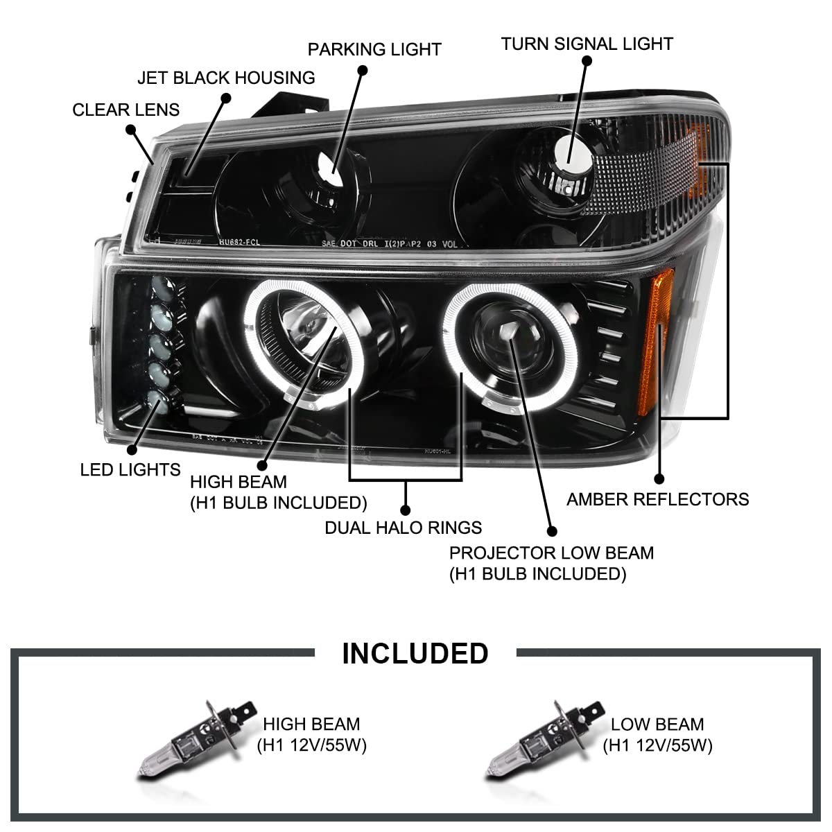 Spec-D Tuning Glossy Black LED Halo Projector Headlights + Bumper Lights for 2004-2012 Chevy Colorado & GMC Canyon - Complete Left & Right Headlamp Assembly - Upgrade Your Truck's Style & Night Visibility for Off-Roading & Daily Driving
