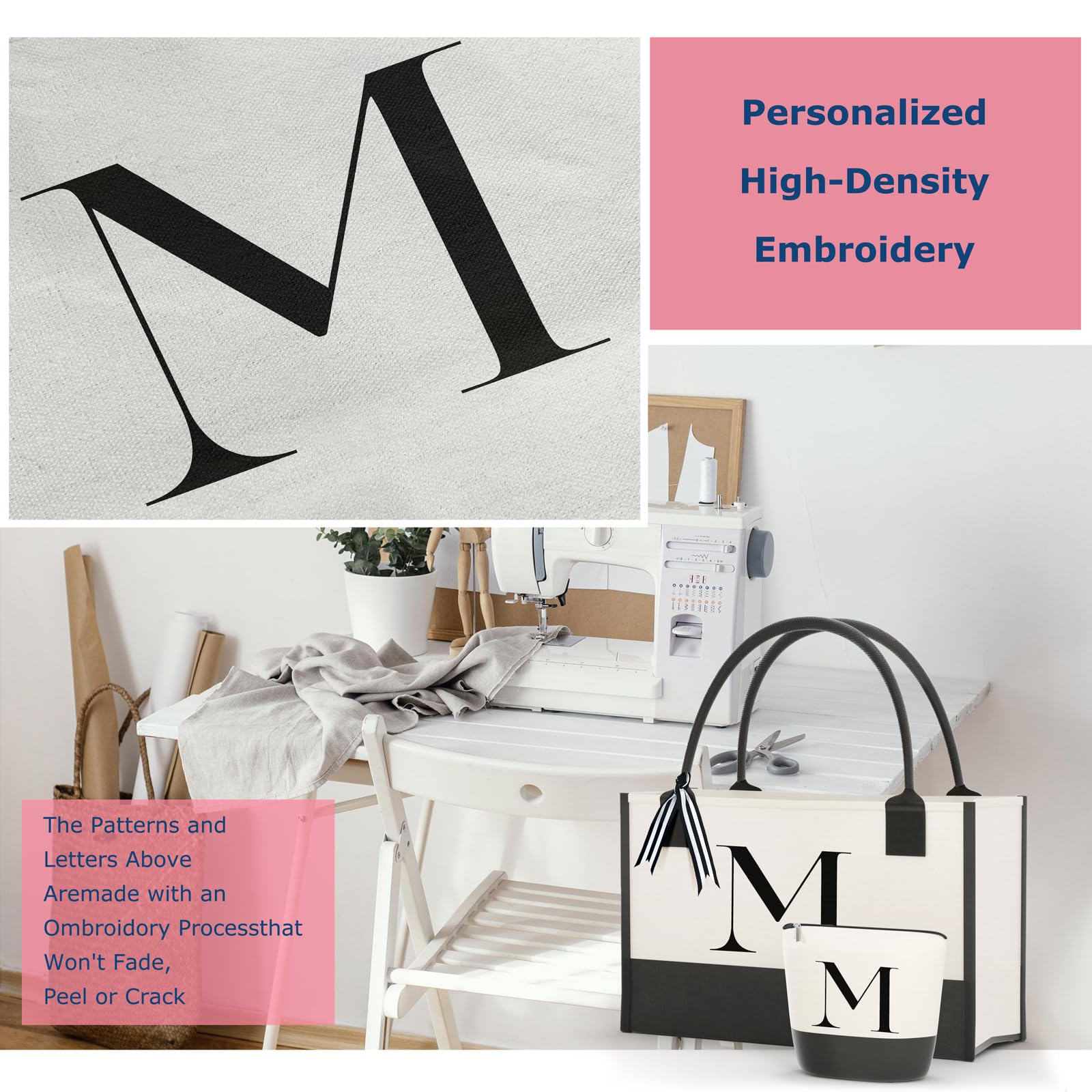 Embroidered Canvas Tote Bag with Zipper Pockets - Stylish & Durable Reusable Shopping Bag for Women - Perfect Gift for Mom, Teacher, Sister - Great for Grocery Shopping, Work, Travel & Beach