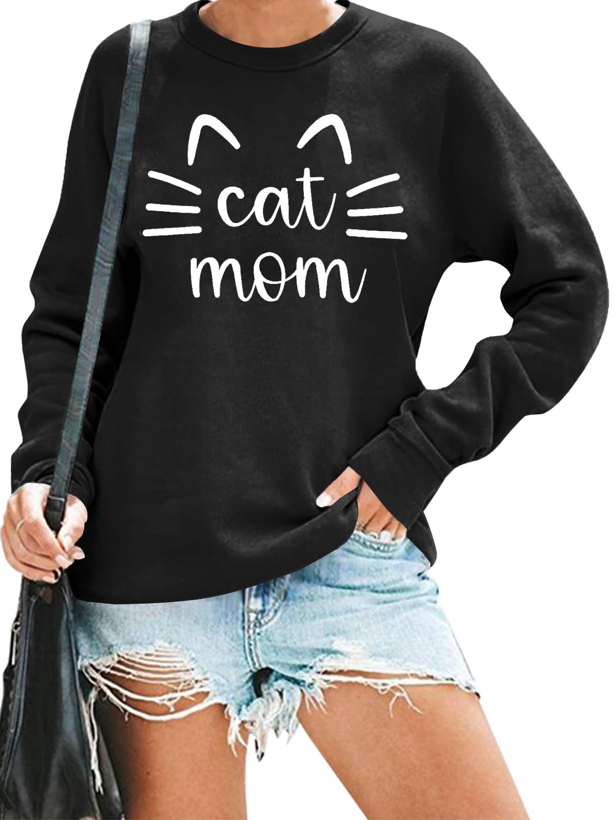Cat Mom Sweatshirt for Women - Cute Cat Mama Long Sleeve Graphic T-Shirt Top | Perfect for Cat Lovers, Casual Wear & Mother's Day Gifts