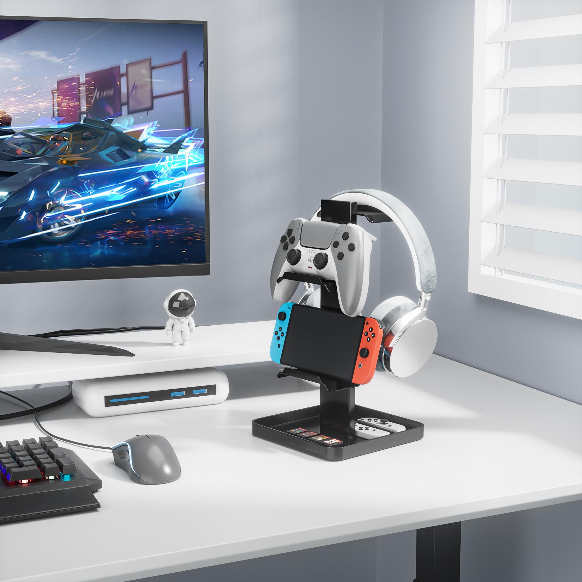 Premium Metal Headphone Stand with Controller Holder - Upgraded Stability Gaming Headset Stand with Bottom Storage for Headphones, Switch, iPad, PS4, PS5 & Mobile Phones | Perfect for Gaming Setup & Workspace Organization