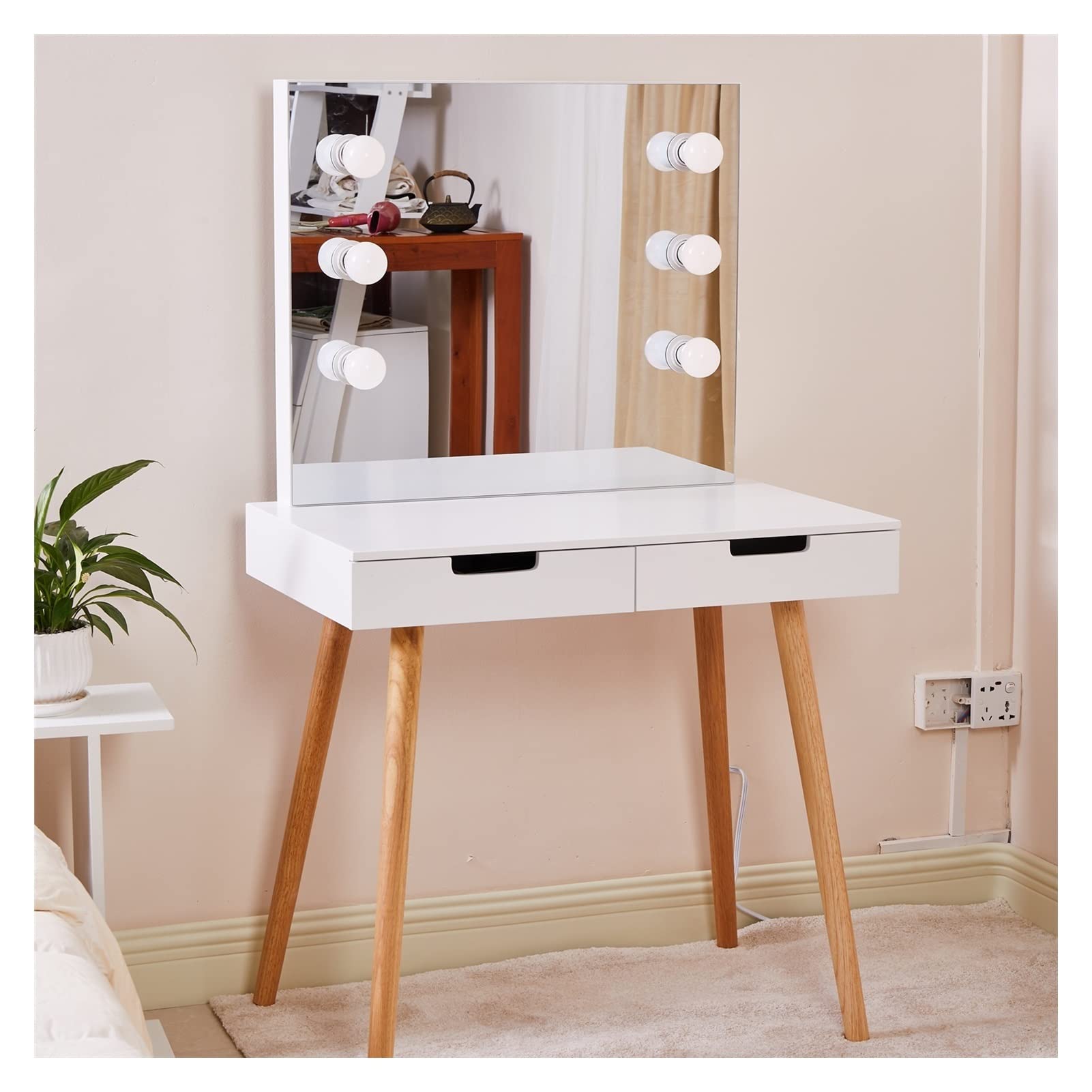 LINCHUN White Wooden Vanity Table with LED Lights - Makeup Dressing Desk for Bedroom, Sturdy & Durable Beauty Station - Perfect for Makeup Application, Skincare Routine, and Home Decor