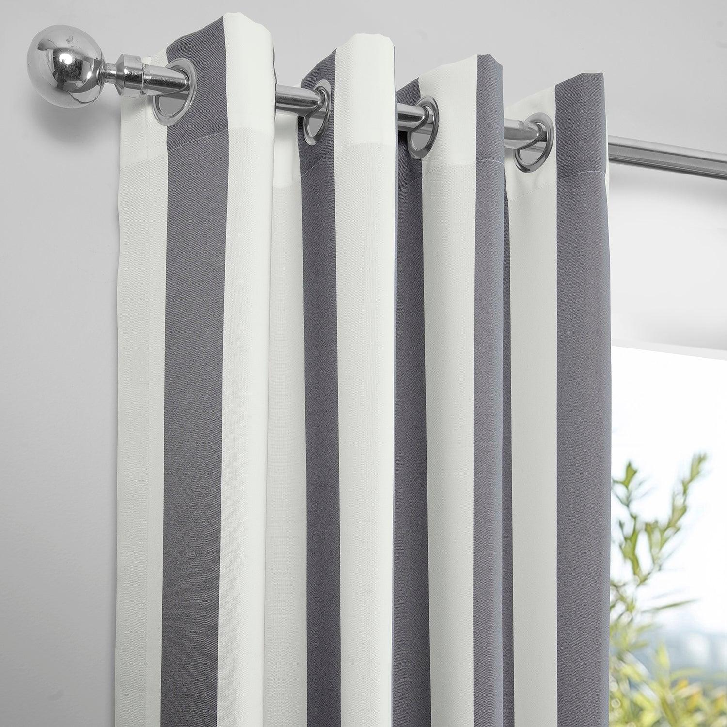 Nautical Grey Striped Grommet Villanova Outdoor Curtains - Waterproof Sun Shade Patio Drapes for Porch, Deck, Poolside & Backyard Privacy