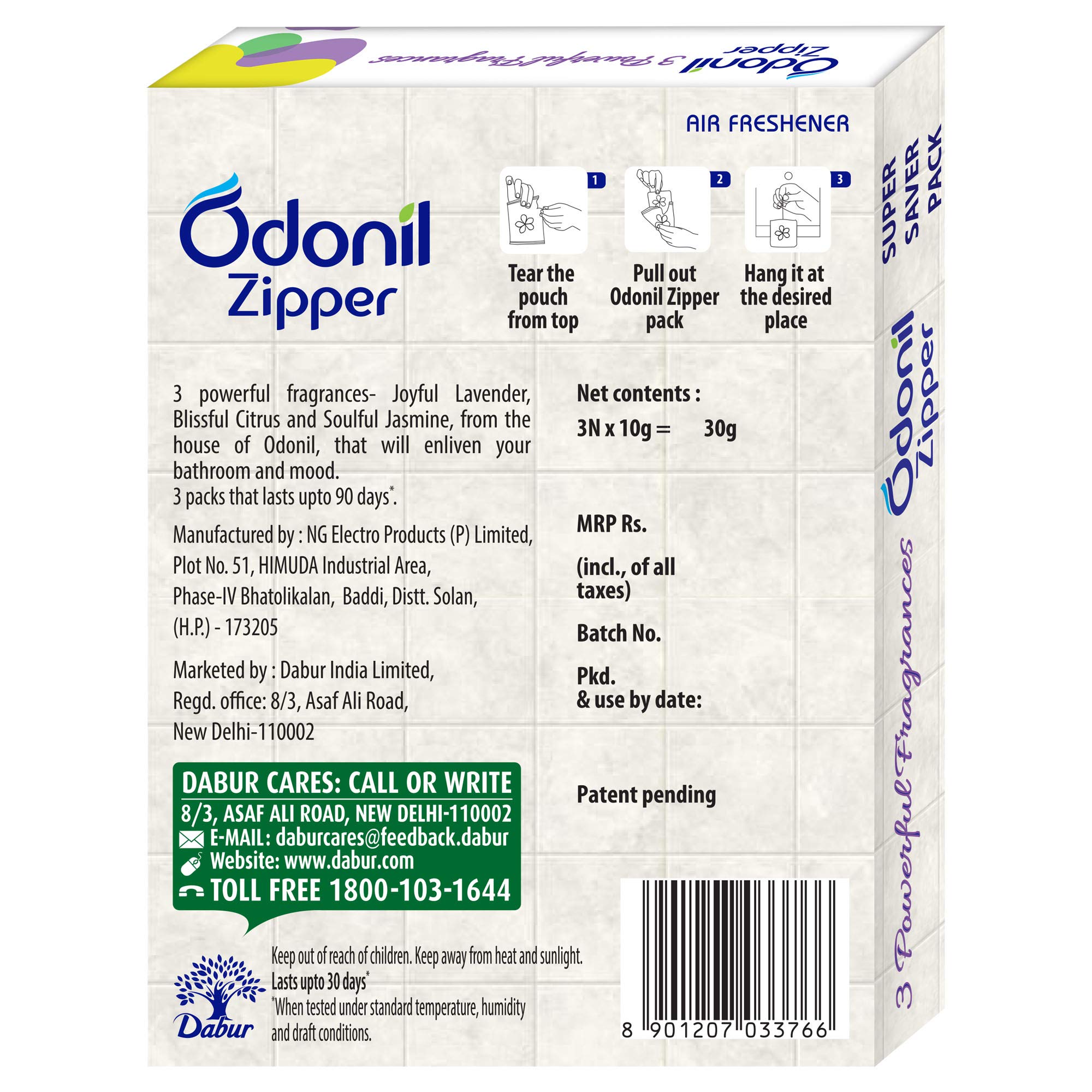 Odonil Bathroom Air Freshener Zipper Mix - 30g (10gx3) | Assorted Fragrance Pack | Long-Lasting Odor Eliminator for Bathroom, Toilet & Home | Germ Protection | Up to 30 Days Freshness | Perfect for Small Spaces, Offices & Travel Use