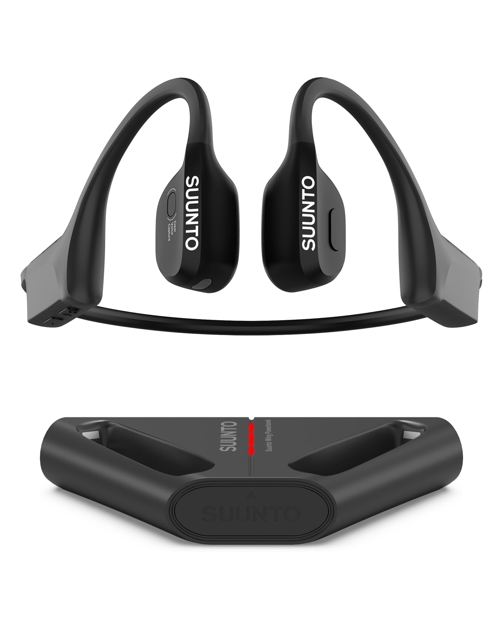 SUUNTO Wing Open-Ear Bone Conduction Bluetooth Headphones - Wireless Sports Earphones with Head Gesture Control, Built-in Dual Mic, IP67 Waterproof, 30H Playtime & Charging Stand, Safety LED Lights for Running, Cycling, Workouts - Black