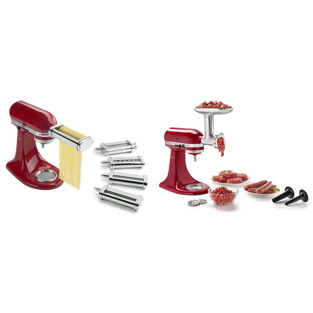 KitchenAid KSMPDX 5-Piece Pasta Deluxe Set Stand Mixer Attachment & KSMMGA Metal Food Grinder Attachment - Stainless Steel & Silver - Perfect for Homemade Pasta, Sausages, and Fresh Ground Meats