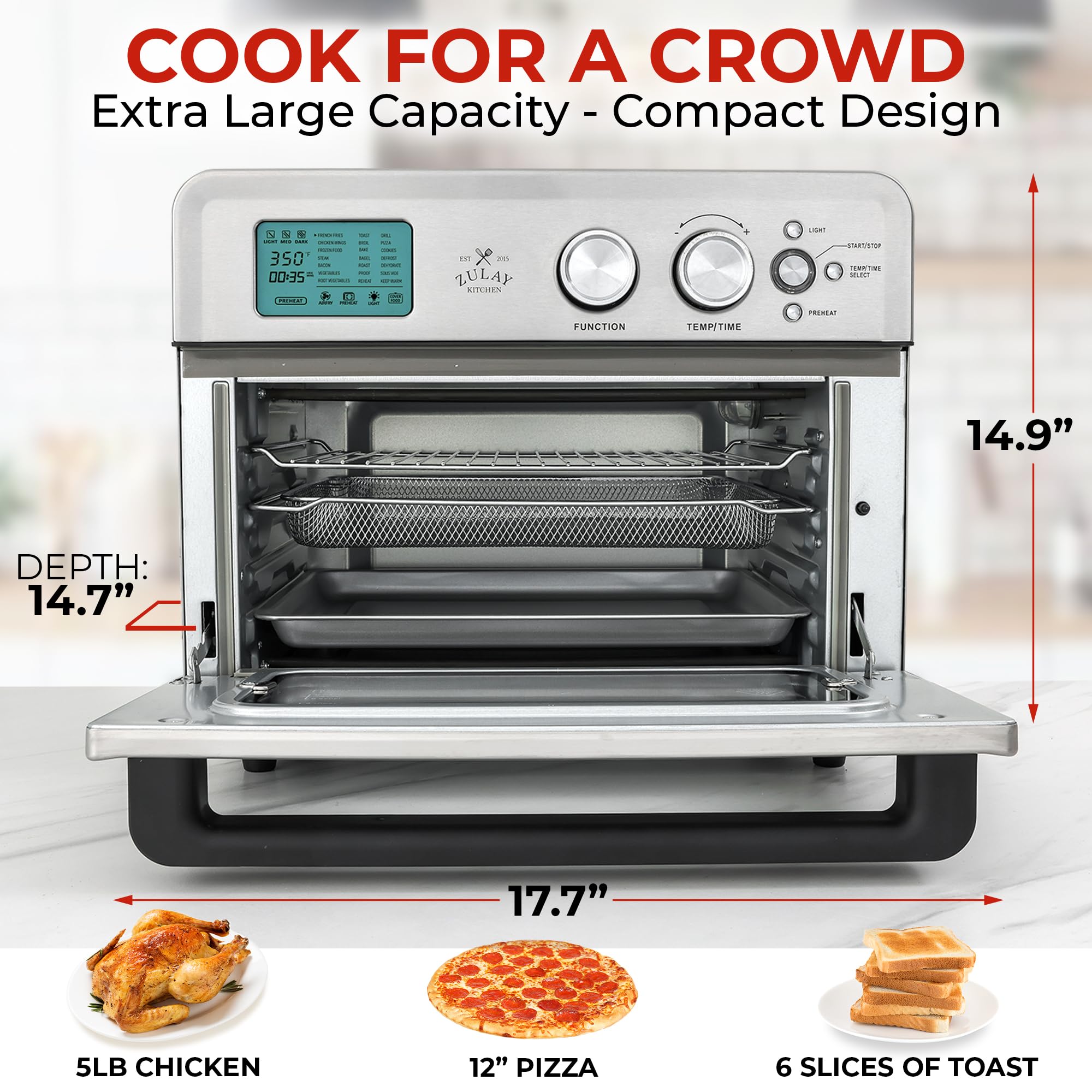 Zulay Kitchen Large Countertop Air Fryer - 12.7QT Stainless Steel Digital Air Fryer Oven for Healthy Cooking | Perfect for Roasting Vegetables, Baking, Grilling & Reheating Food | Family Size Air Fryer for Kitchen, Dorm & RV