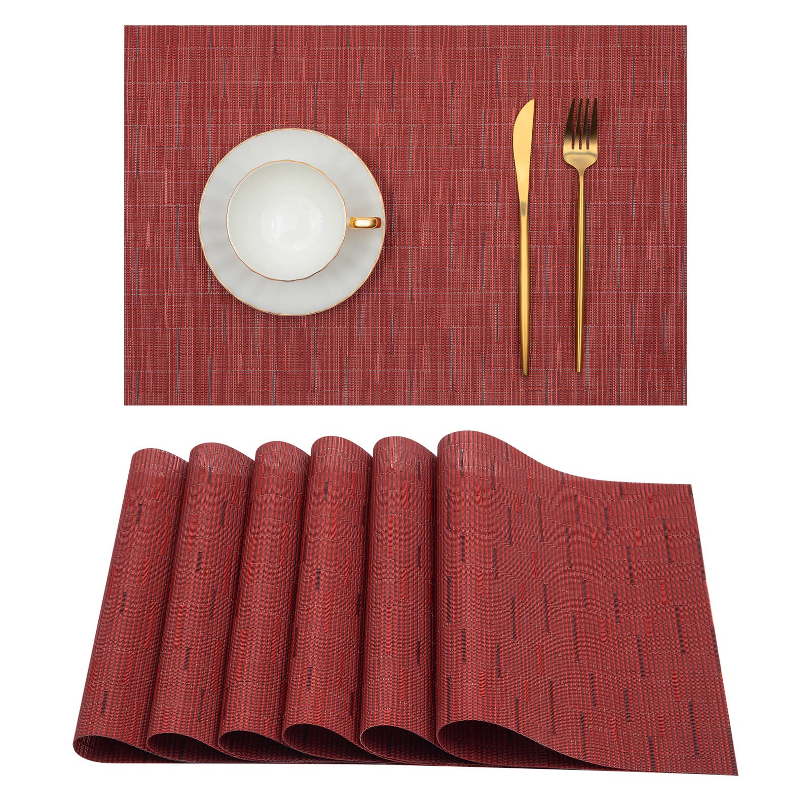 U'Artlines Heat-Resistant PVC Placemats Set of 6 - Stain Proof, Non-Slip, Washable Vinyl Table Mats for Dining - Perfect for Kitchen, Restaurant & Outdoor Use (Wine Red)