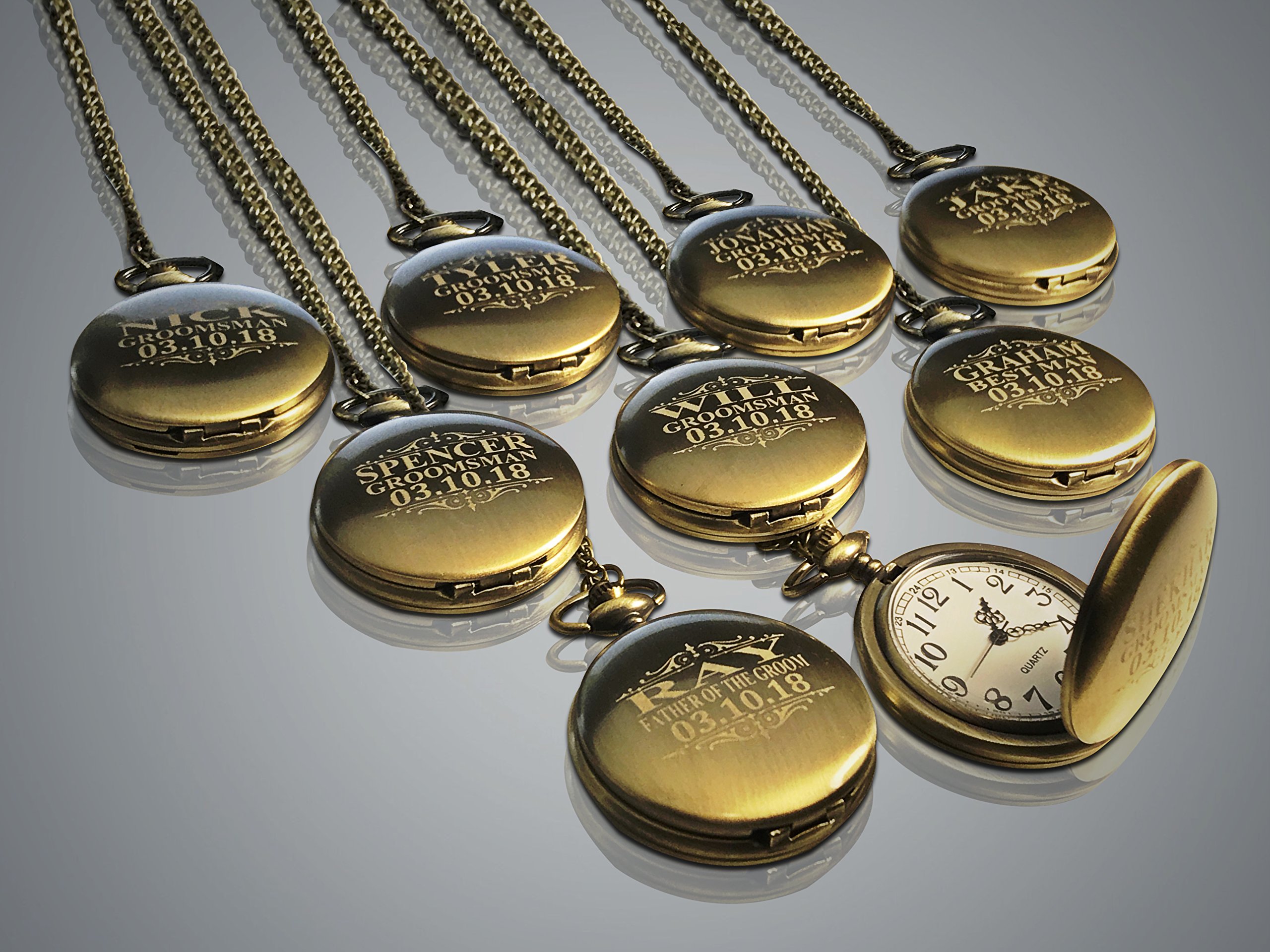 Personalized Engraved Pocket Watches for Men - 10-Piece Set with Chain, Gift Box - Perfect for Groomsmen Wedding Gifts, Anniversary & Special Occasions - Available in 4 Classic Colors (Gold, Silver, Rose Gold, Black)