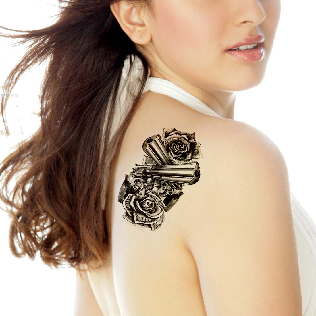 Waterproof Temporary Tattoos for Women & Men - 3D Rose & Gun Water Transfer Body Art (10.5x6cm) - Perfect for Parties, Halloween & Fashion Statements