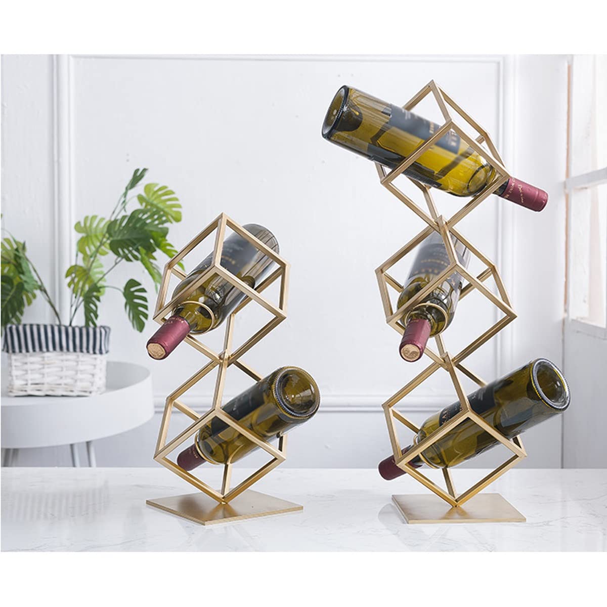 SEFAX Small Metal Wine Rack - Modern Geometric Countertop Wine Bottle Holder for Kitchen, Bar & Dining Room Storage | Compact Space-Saving Design for 6-8 Bottles