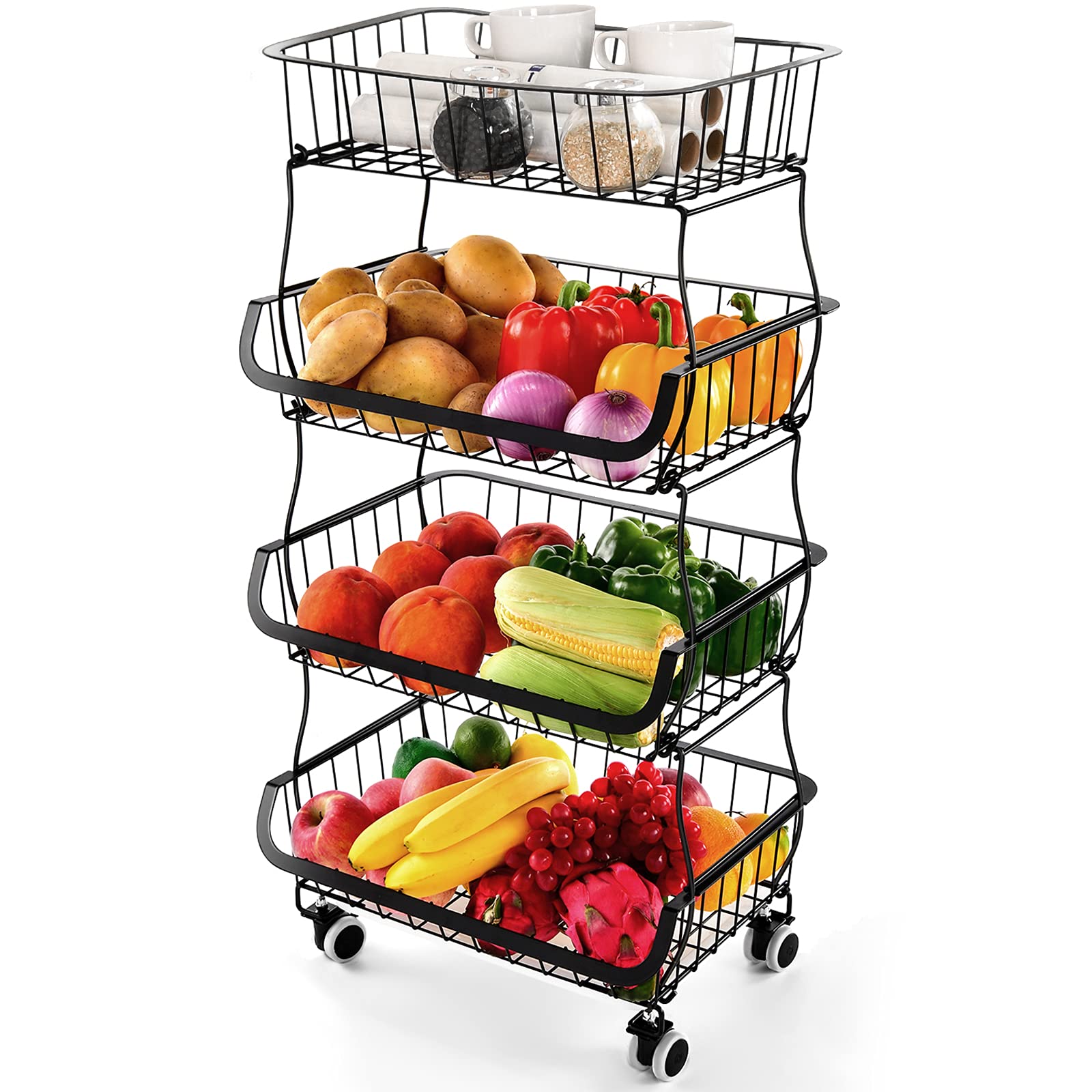 4-Tier Stackable Metal Wire Storage Baskets with Wheels - Fruit & Vegetable Organizer for Kitchen, Pantry, Bathroom - Perfect for Fresh Produce Storage, Spice Organization & Small Item Display