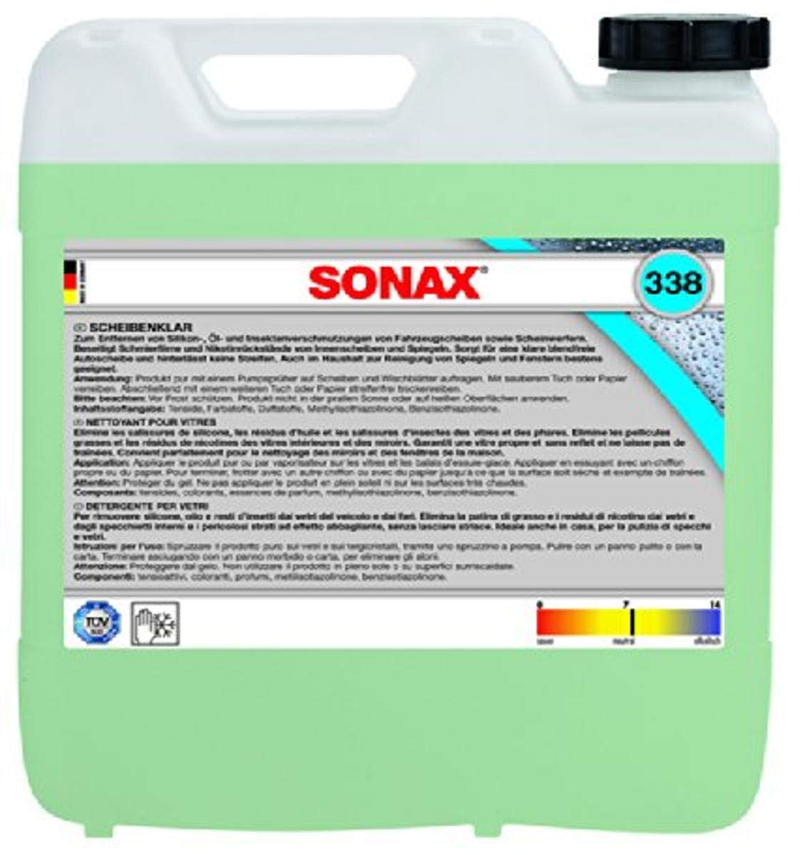 SONAX 338600 Premium Glass Cleaner - 338.1 fl oz (10L) for Streak-Free Shine | Car Windows, Mirrors & Household Glass Surfaces | Professional Auto Detailing & Home Cleaning Solution