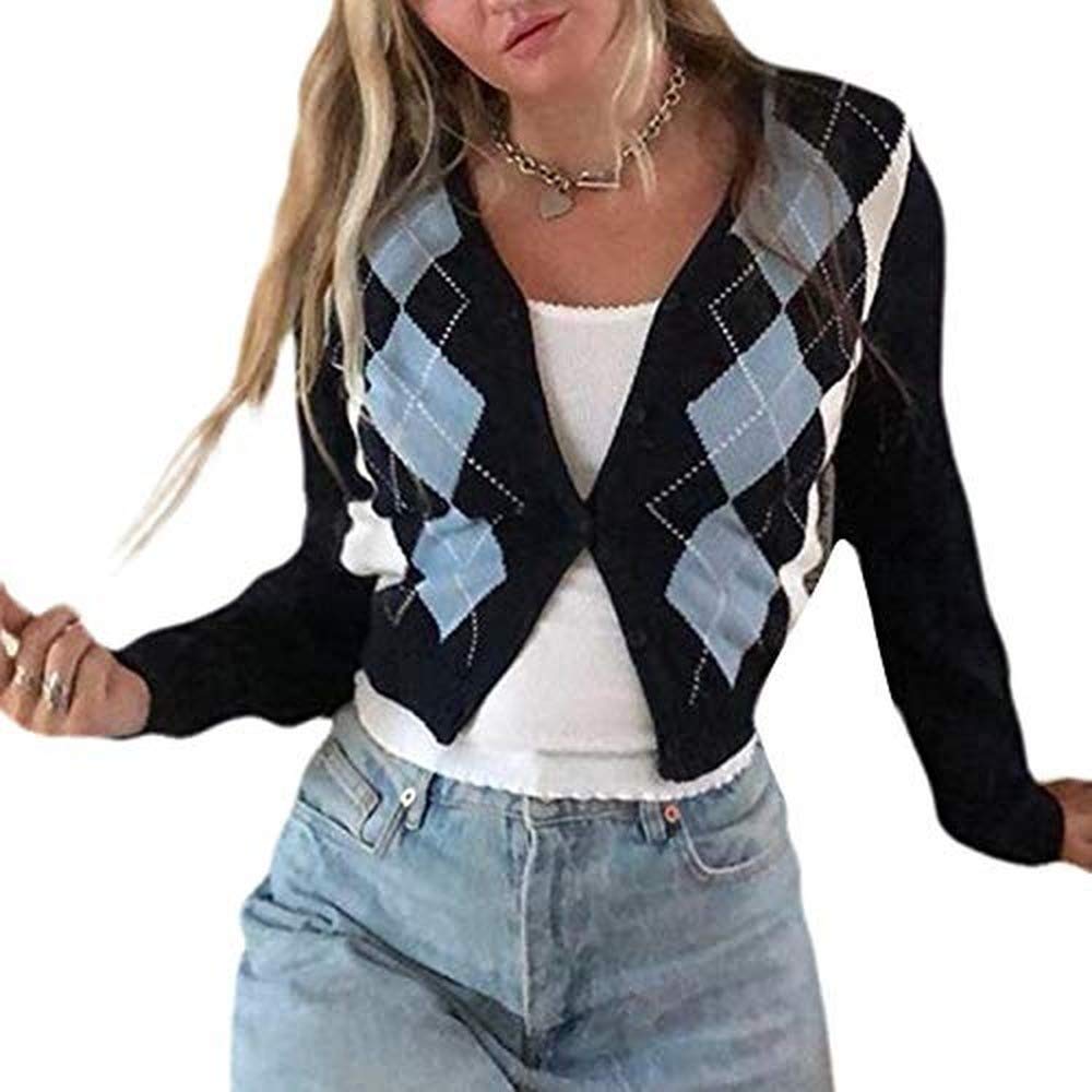 Y2K Women's Casual Button Down Knit Sweater - Long Sleeve Lapel Cropped Cardigan with Graffiti Letters, Slim Fit Sweater Coat | Perfect for Streetwear, Layering & Fall Fashion