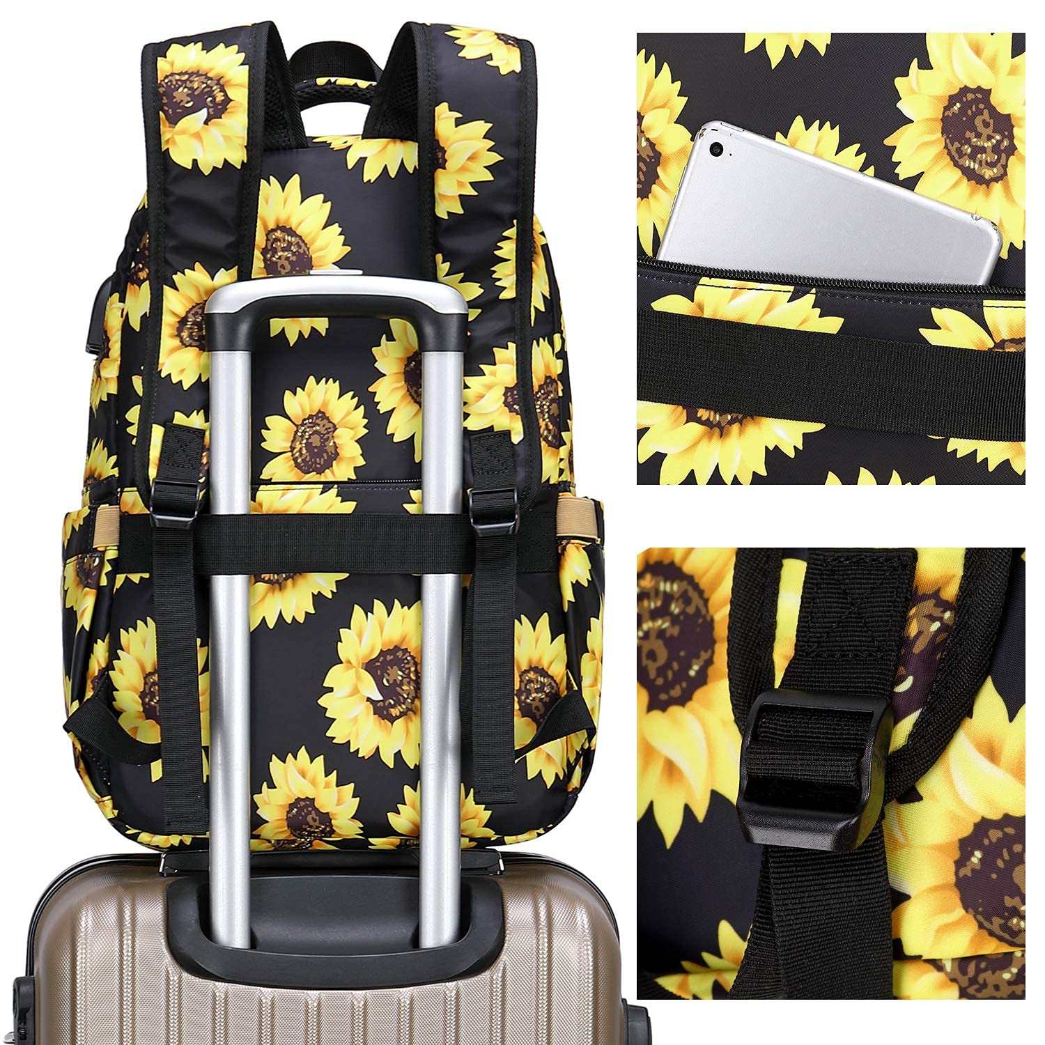 Stylish Floral Backpack for Women - 15.6 Inch Laptop Bookbag with USB Charging Port & Headphone Jack, Waterproof College Backpack for Business Travel, School & Daily Commute | Sunflower Design Daypack for Work & Outdoor Activities