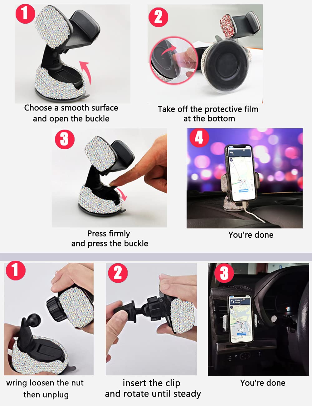 Sparkling Crystal Car Phone Holder Mount - 360° Adjustable Dashboard & Windshield Car Accessory for Women (Pink) | Perfect for Safe Driving & Stylish Commuting