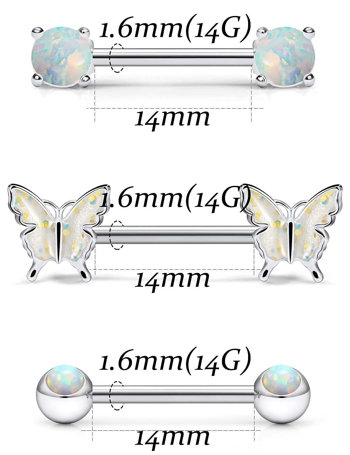 Vsnnsns 14G Stainless Steel Butterfly Nipple Rings with Opal - Surgical Steel Straight Bar Barbell Piercing Jewelry for Women (3 Pairs) - Perfect for Body Piercing, Everyday Wear & Unique Style
