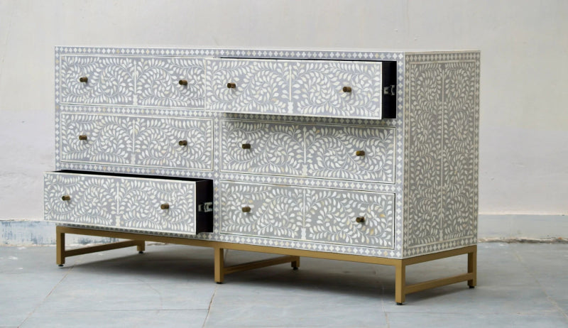 Handmade Bone Inlay Grey Scroll Vine 6-Drawer Chest - Indian Furniture for Bedroom, Living Room & Office Storage