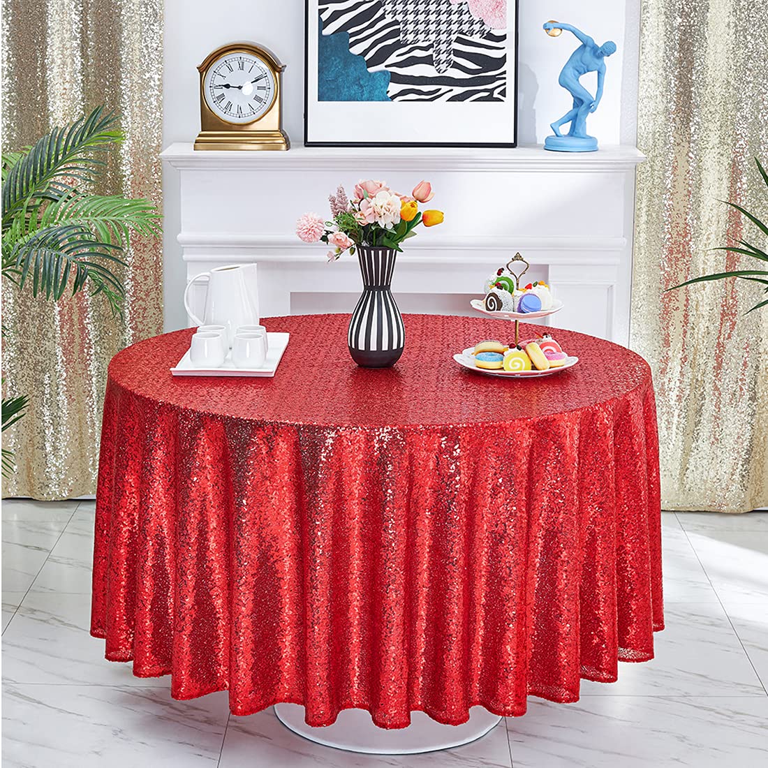 90 Inch Round Red Sequin Tablecloth - Glitter Party Table Cover for Bridal Showers, Weddings, Birthdays, Banquets & Dessert Tables | Elegant Event Decor for Home, Restaurant & Special Occasions