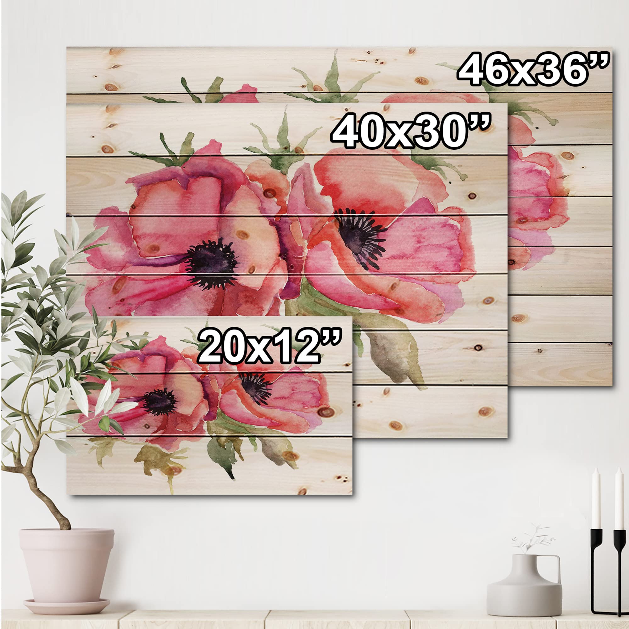 DesignQ Stylized Poppy Flowers Wood Wall Art - Pink Floral Pine Wood Decor Panel for Living Room, Bedroom & Office - Traditional Large Wall Hanging for Home Decoration