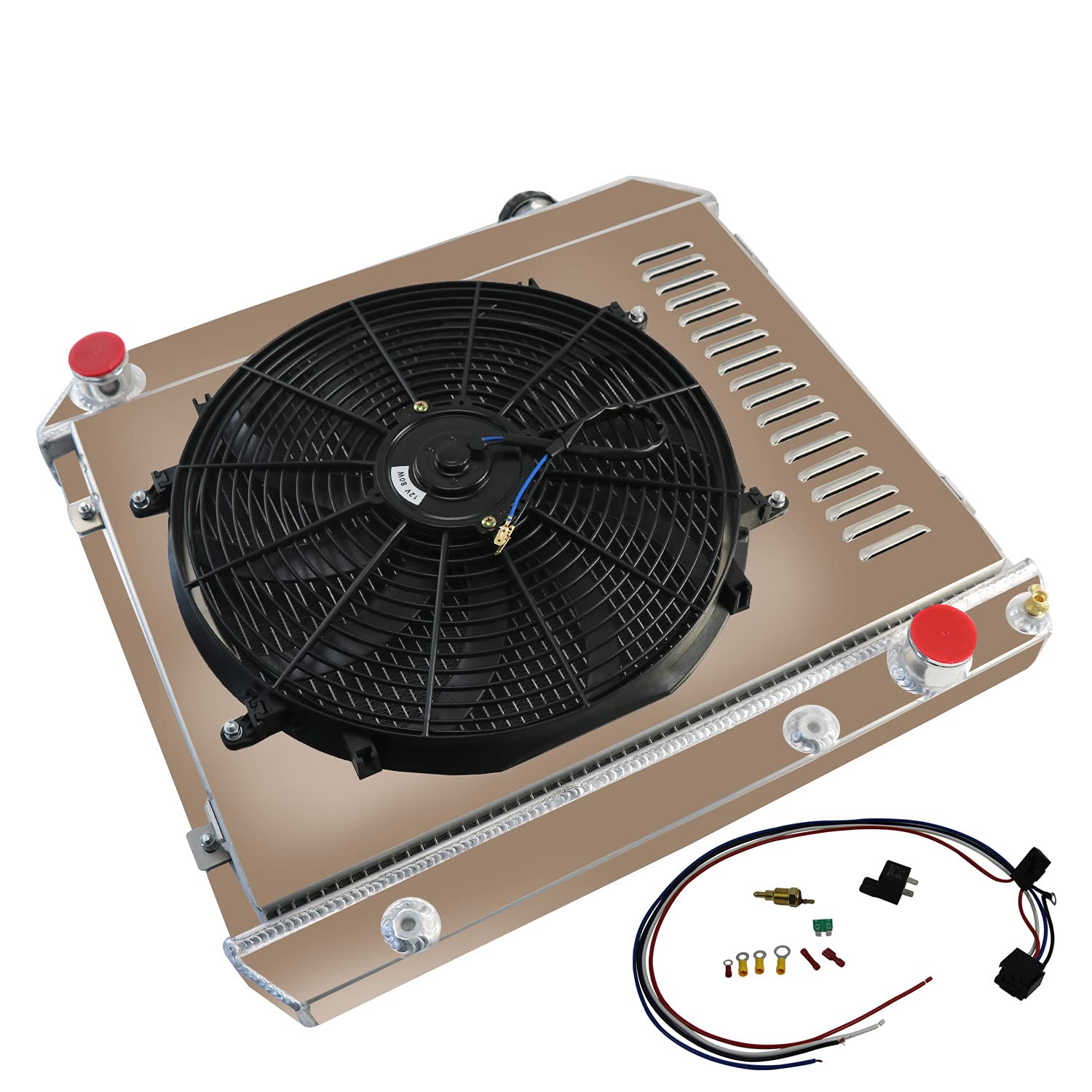 4 Row Aluminum Radiator with Fan Shroud & Relay Kit - Compatible with 1961-1966 Chevy C10 C20 C30 K10 K20 Pickup, Suburban, GMC & Pontiac Catalina - High-Performance Cooling for Classic Trucks & Restoration Projects