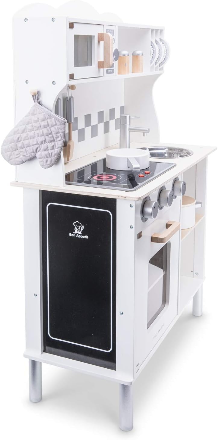 **Wooden Pretend Play Kitchen Set for Kids - Classic Toy with Electric Cooking Sounds & Accessories - Modern White Design - Perfect for Role Play & Imaginative Learning**