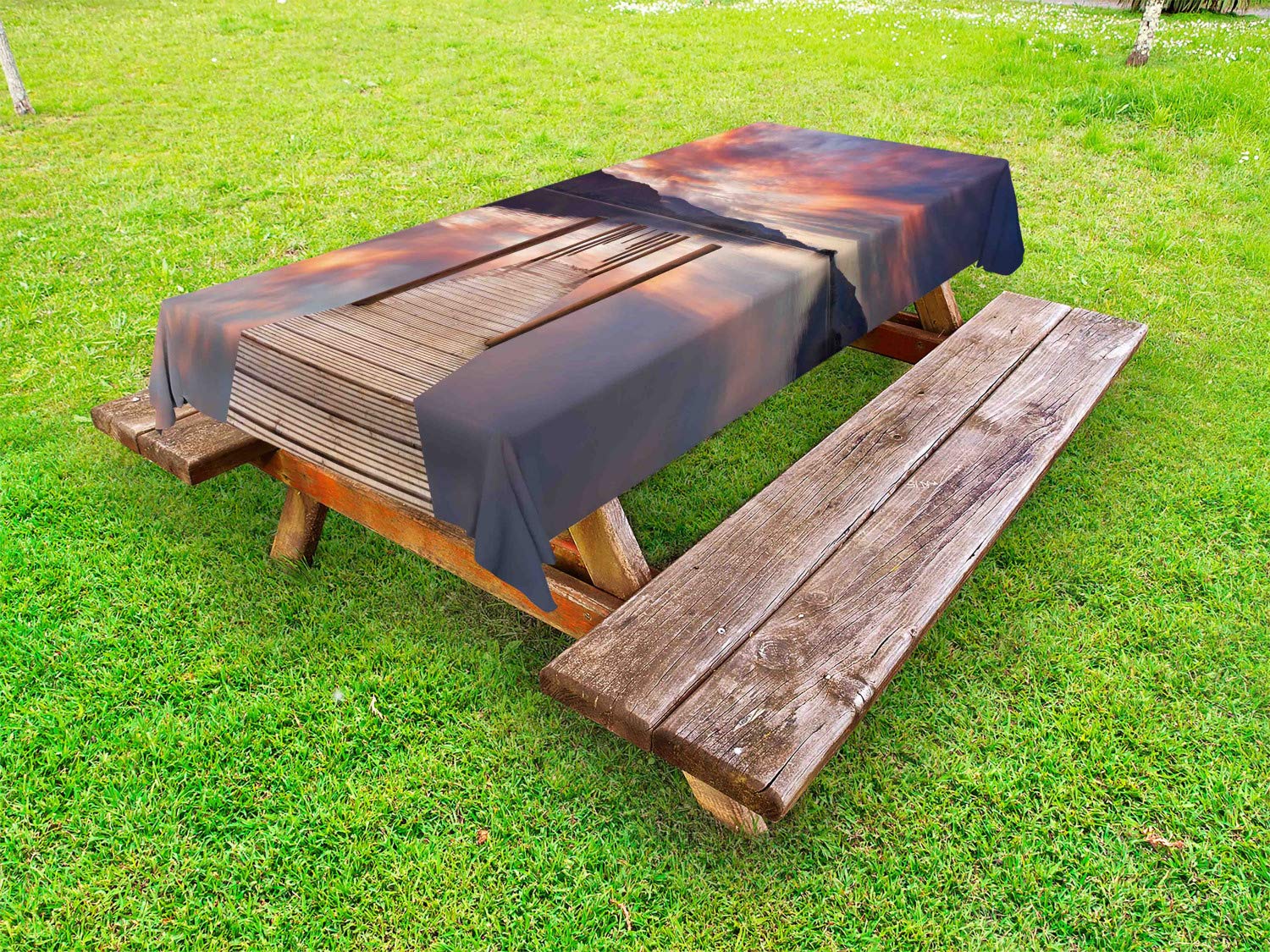 Ambesonne Waterproof Outdoor Tablecloth - England Lake District Sunset Photo Design, Washable Picnic Table Cover 58x104 Inches, Coral Purple Grey - Perfect for Garden Parties, BBQs & Outdoor Dining