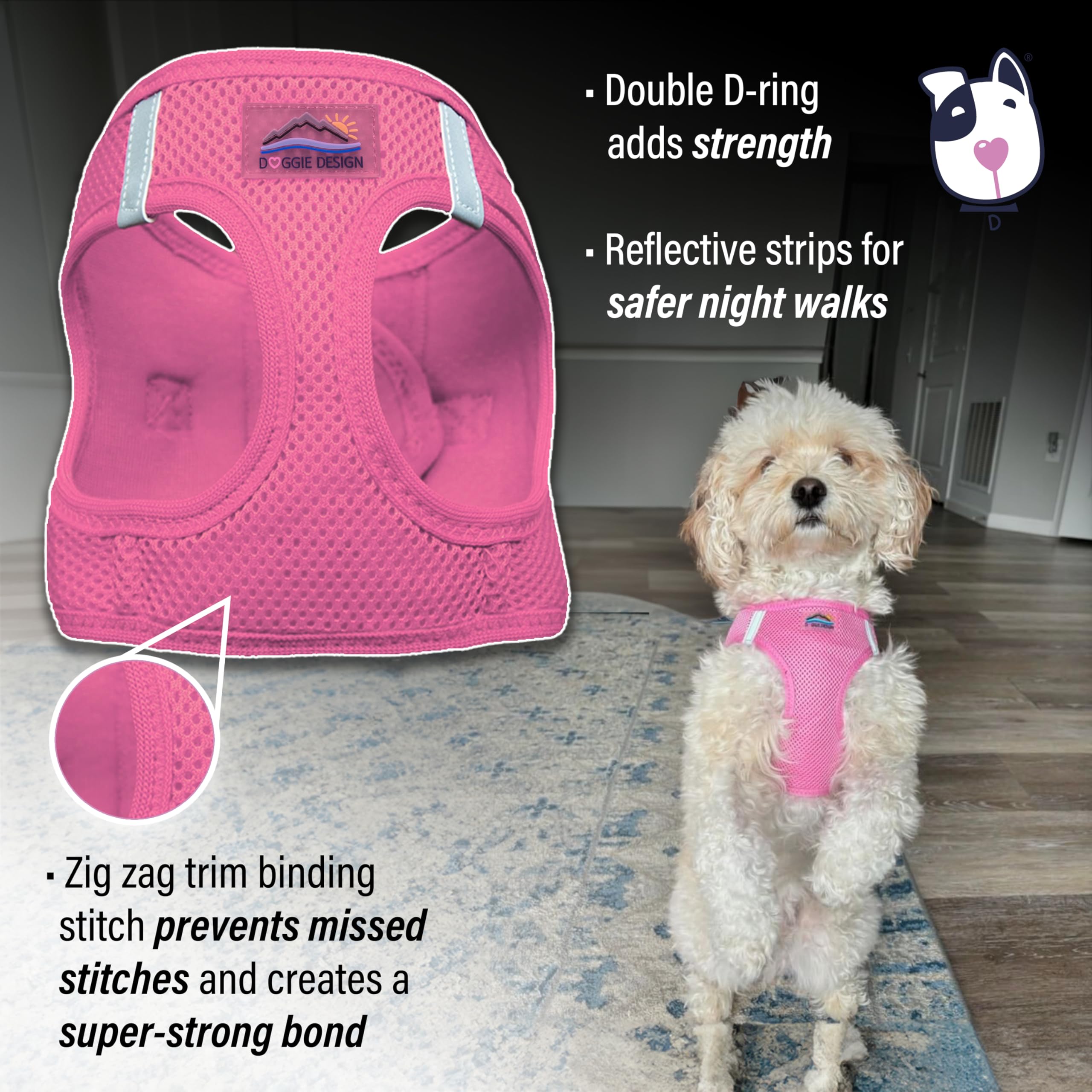 Doggie Design No-Choke Dog Harness - Breathable Mesh Polyester Pet Vest with Easy Step-in Design for Small & Medium Dogs - Candy Pink Size L - Perfect for Walking, Hiking & Outdoor Adventures