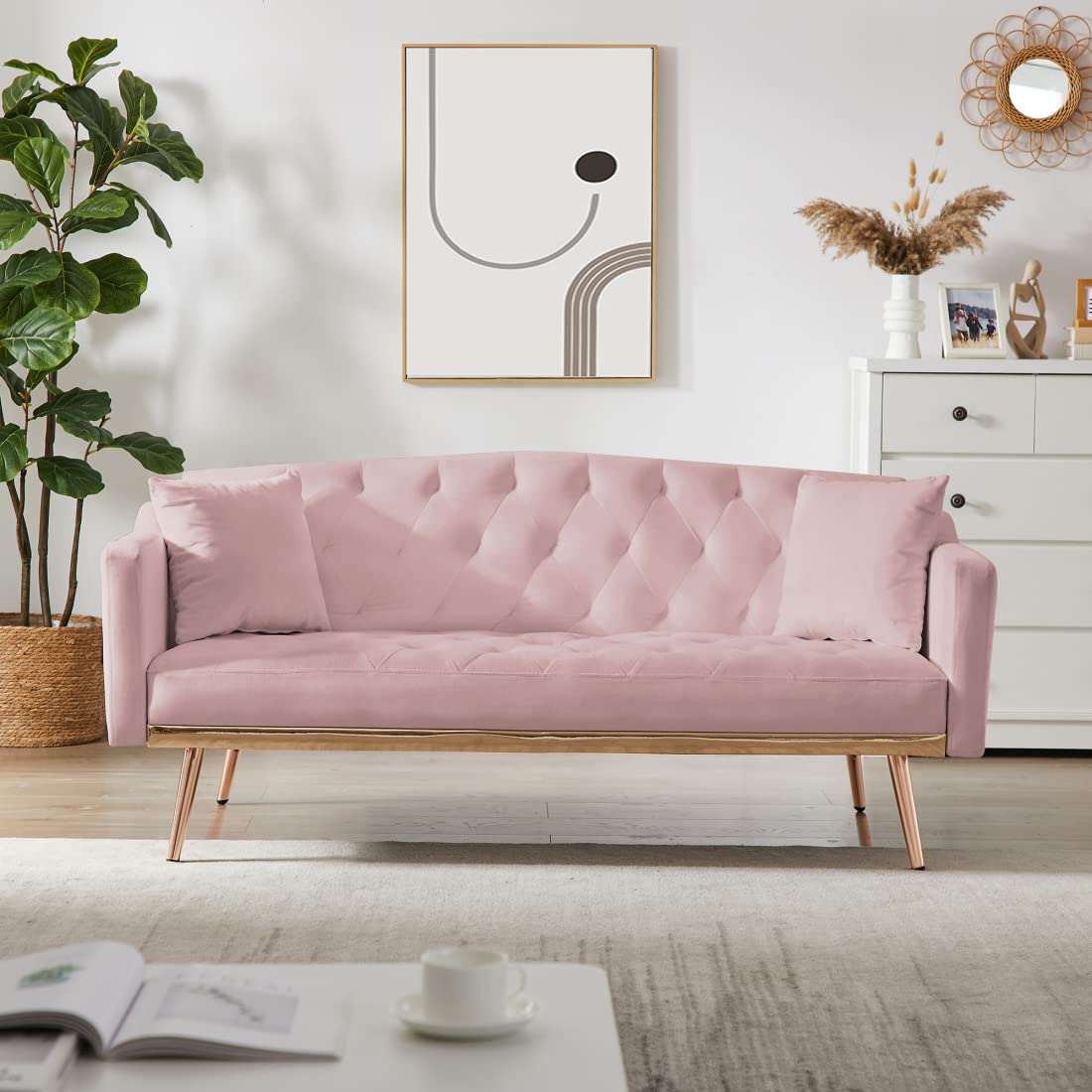 DNChuan Velvet Futon Sofa Bed - 3 Seater Convertible Sleeper Sofa with Rose Gold Metal Legs, Button Tufted Design & 2 Throw Pillows | Easy Assembly in Blush Pink | Perfect for Small Apartments, Guest Rooms & Cozy Living Spaces