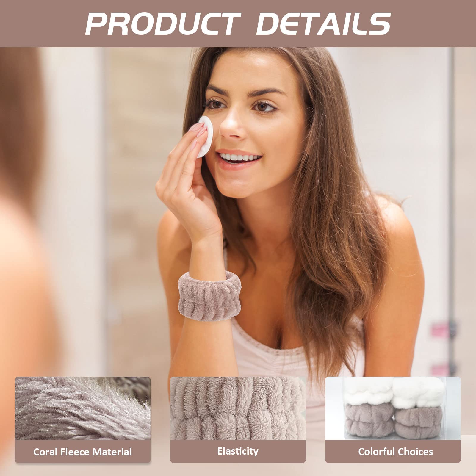 Microfiber Face Washing Wristbands - Absorbent Wrist Towel for Skincare & Makeup | Prevents Water & Cleanser Drips | Ideal for Facial Cleansing, Shaving & Beauty Routines (White, Light Brown)
