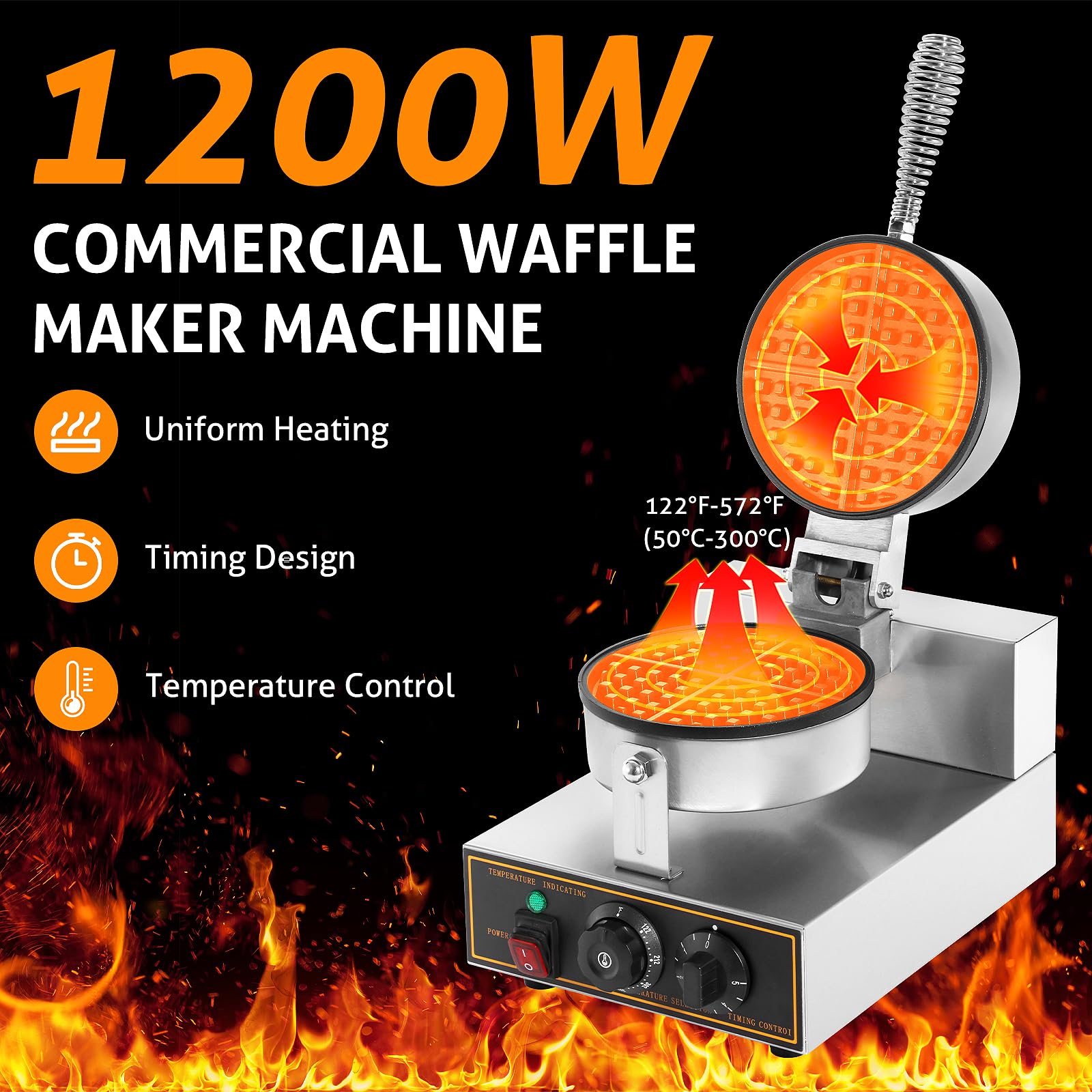 WICHEMI Commercial Round Waffle Maker - 1200W Electric Stainless Steel Waffle Iron with Non-Stick Surface for Bakery, Restaurant, Snack Bar or Home Use (110V, Single Head) - Perfect for Breakfast, Brunch, and Dessert Preparation
