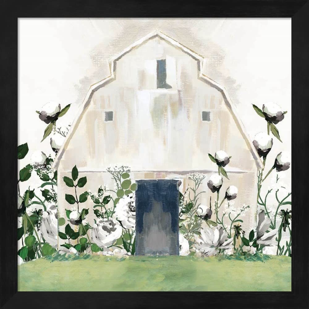White Floral Barn Framed Art Print - 13x13 Inches with Deep Black Frame - Rustic Farmhouse Wall Decor for Living Room, Bedroom & Office