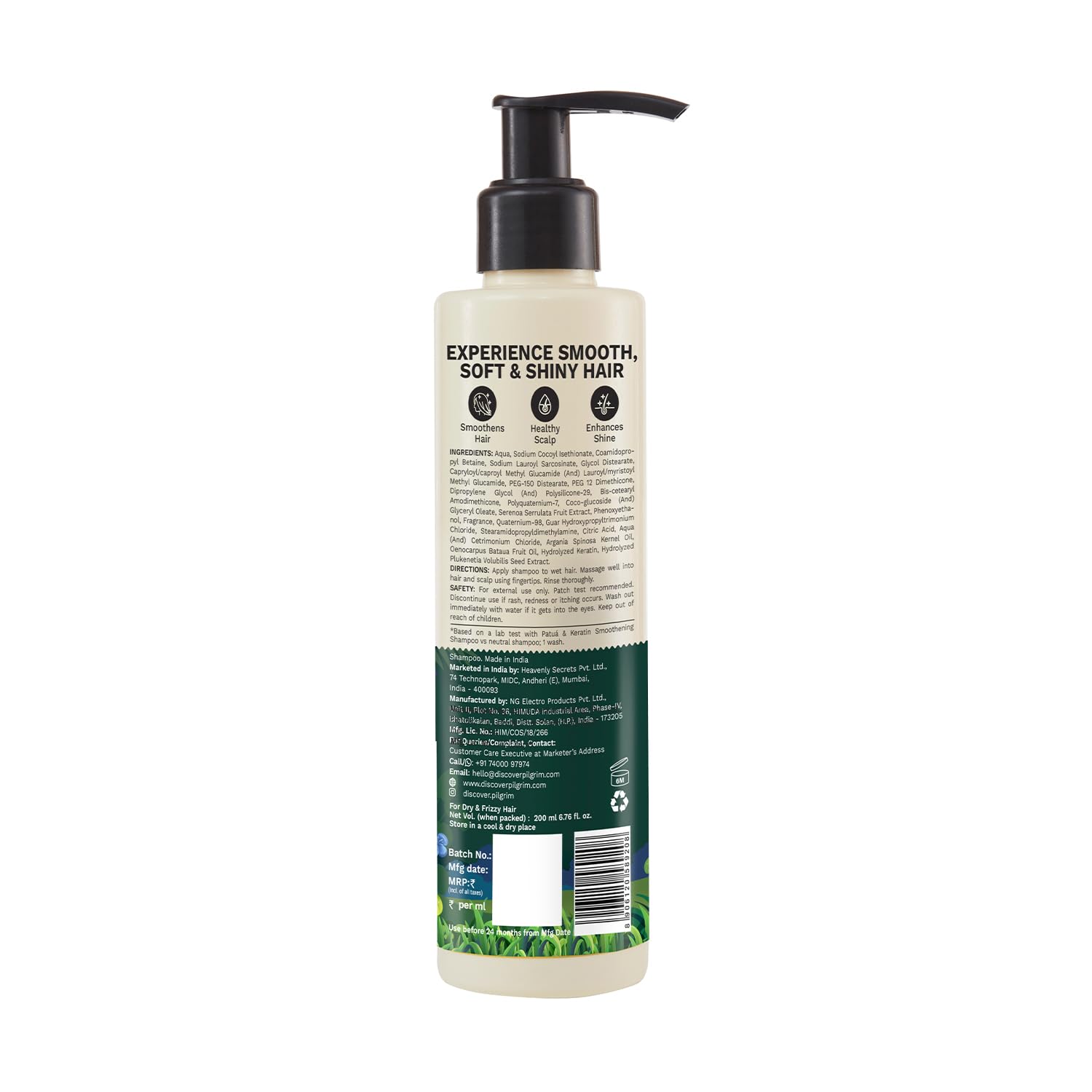 Pilgrim Patuá & Keratin Smoothing Shampoo for Dry Frizzy Hair - Sulfate & Paraben Free Shampoo for Women & Men - Hair Smoothing & Scalp Care - 200ml - Perfect for Daily Use & Salon-Like Results at Home