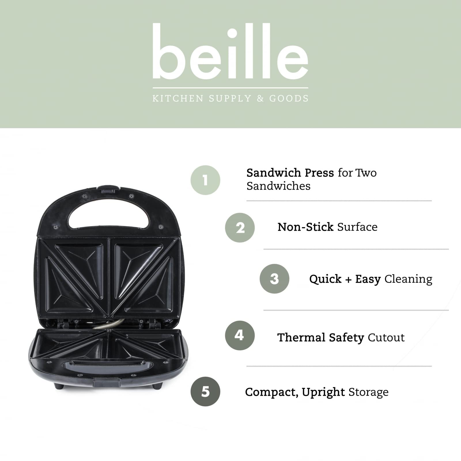 Beille Panini Press Sandwich Maker - Nonstick Grill Plates, Adjustable Temperature Control for Perfect Paninis, Grilled Cheese & More - Ideal for Home Kitchen, Breakfast & Quick Meals (Black)