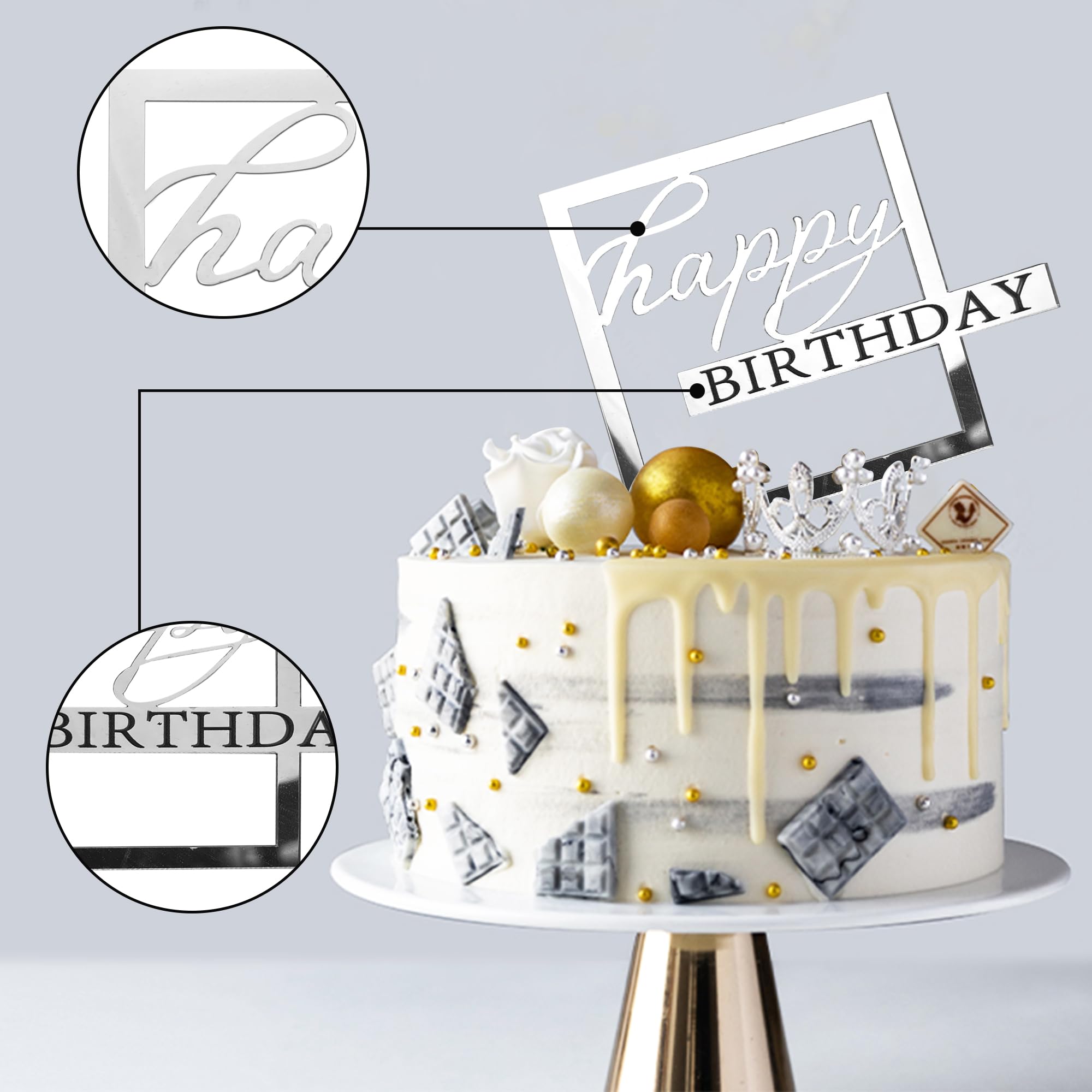15 PCS Silver Happy Birthday Cake Toppers - Mirror Acrylic Cake Decorations for Birthday Party, Wedding, Anniversary - Cupcake Toppers & Cake Inserts (15 Styles) - Perfect for Desserts, Cakes, and Special Celebrations