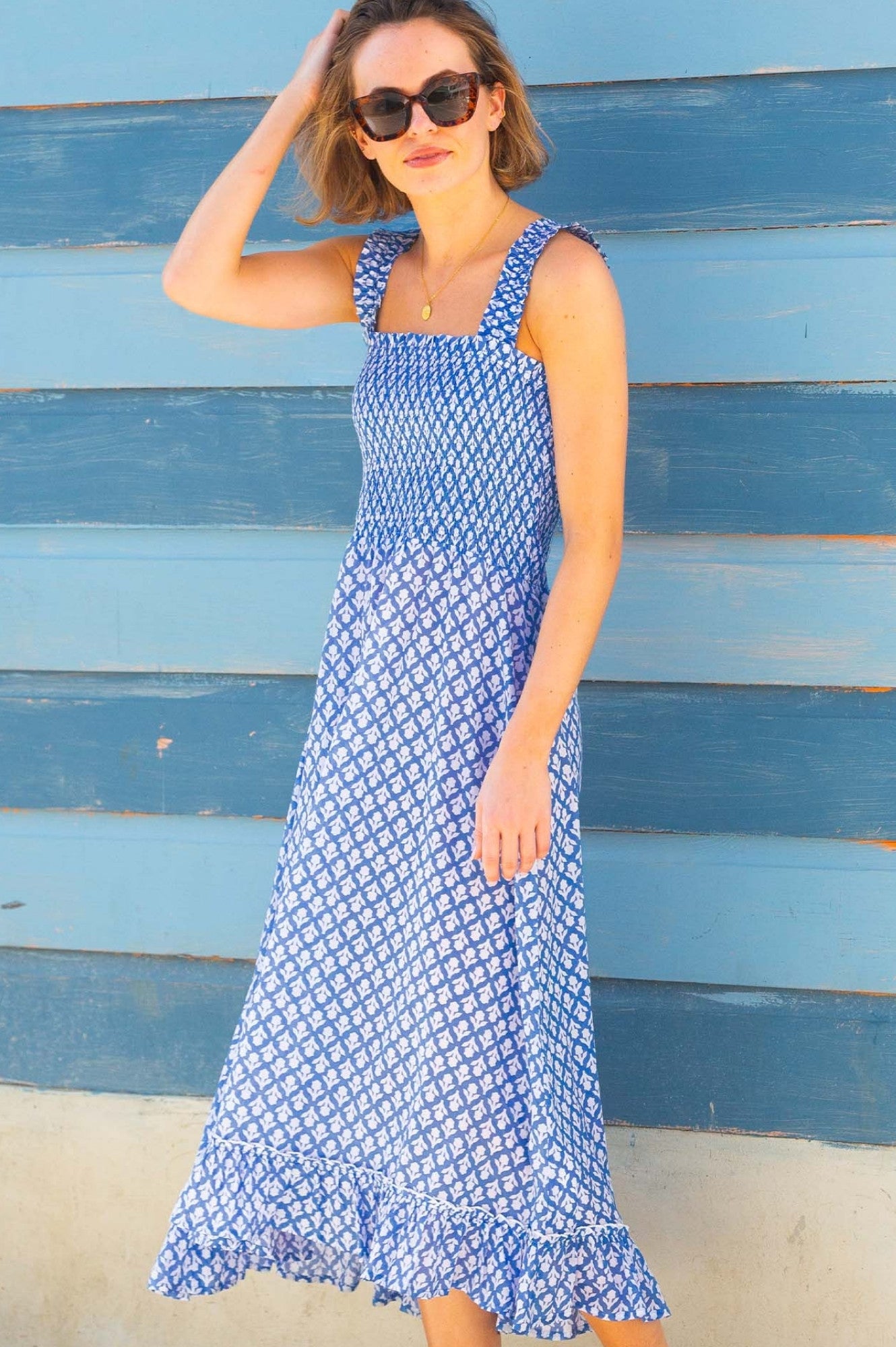 Rhianna Organic Cotton Dress with Floral Print - Cornflower Blue & White | Summer Casual Wear, Beach Outfit, Boho Style Fashion