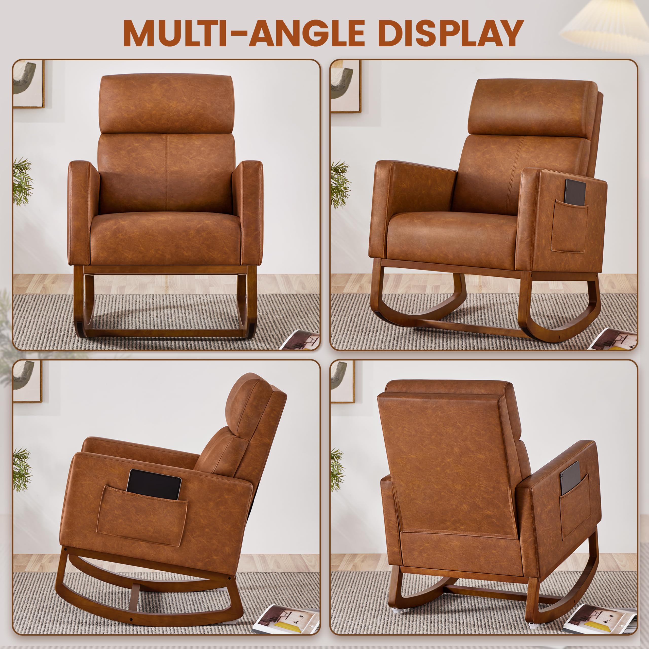 Yaheetech Modern Faux Leather Glider Rocking Chair with Rubber Wood Legs & Side Pocket - Nursery, Living Room, Bedroom Accent Armchair - Perfect for Nursing, Reading & Relaxing (Brown)