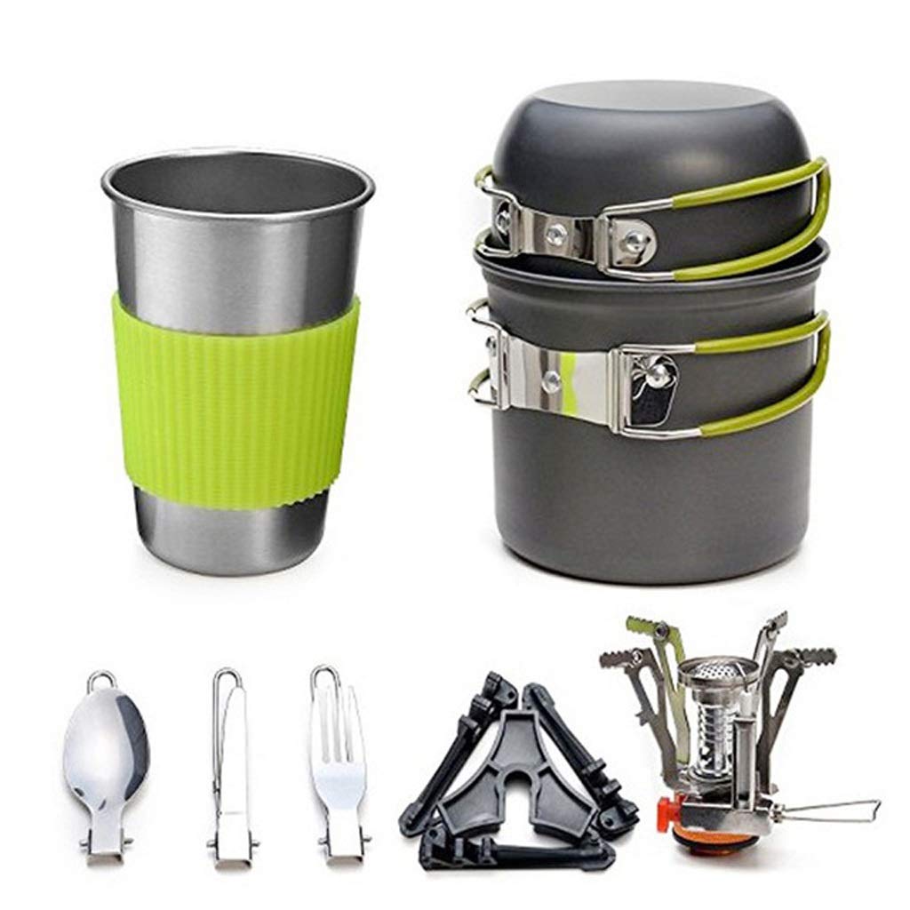 Premium Aluminum Alloy Camping Cookware Set - Lightweight Outdoor Cooking Pot with Folding Spoon & Mini Gas Stove for Hiking, Picnic & Backpacking | Compact Portable Tableware for Camping Trips & Outdoor Adventures