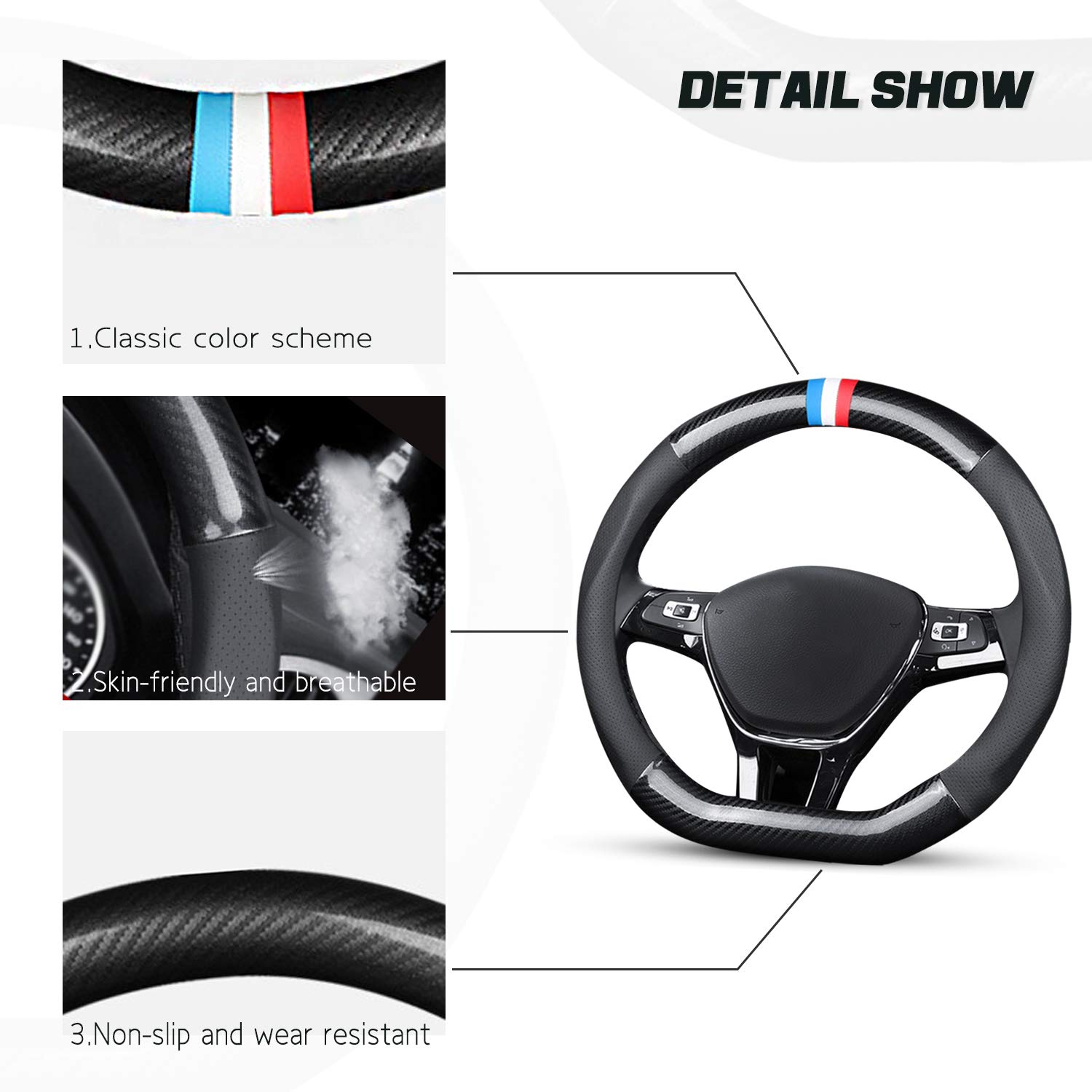 Premium Non-Slip Car Steering Wheel Cover - D-Shaped Carbon Fiber & PU Leather Design - Universal Fit for 38cm (15