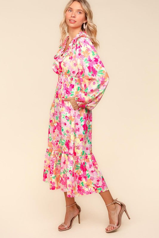 Floral Balloon Sleeve Summer Midi Dress - Women's Full Size Dress with Side Pockets | Perfect for Beach Vacations, Garden Parties & Casual Outings