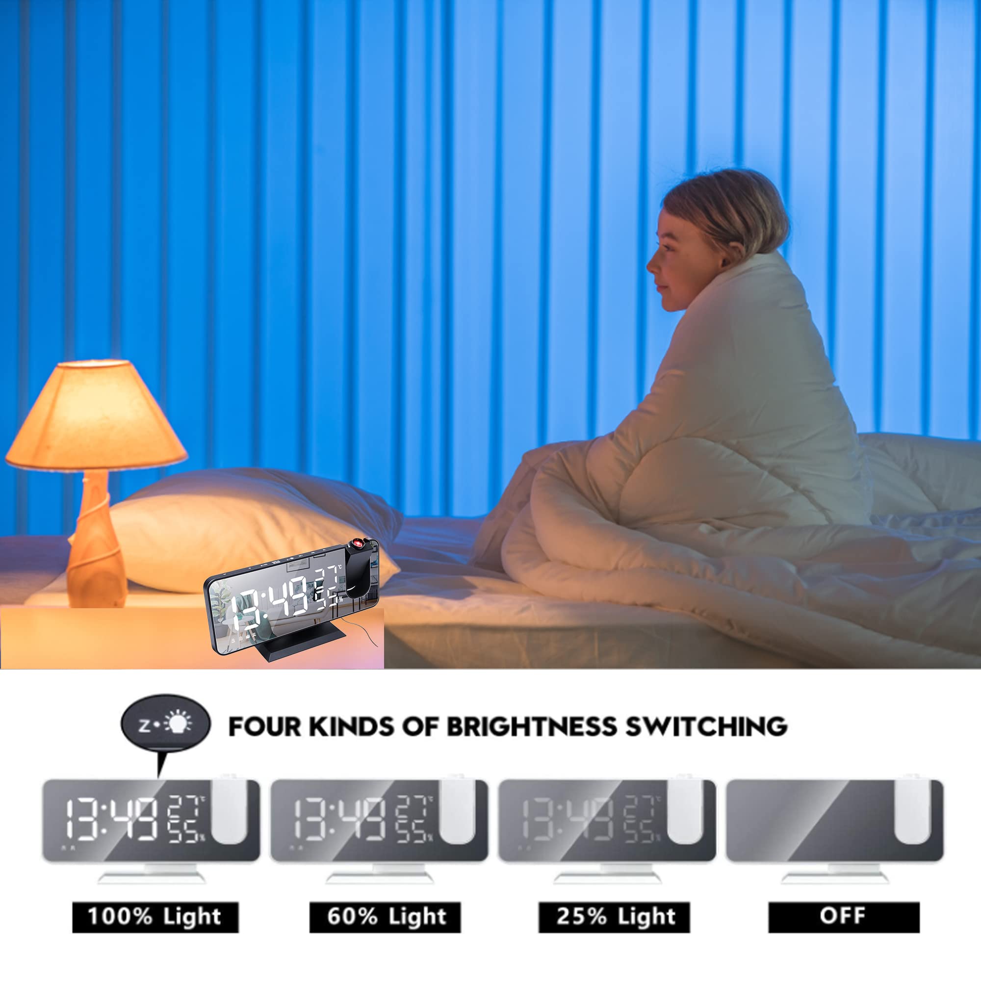 LITEYPP Alarm Clock Radio with 180° Ceiling Projection, Digital Mirror Clock with 7