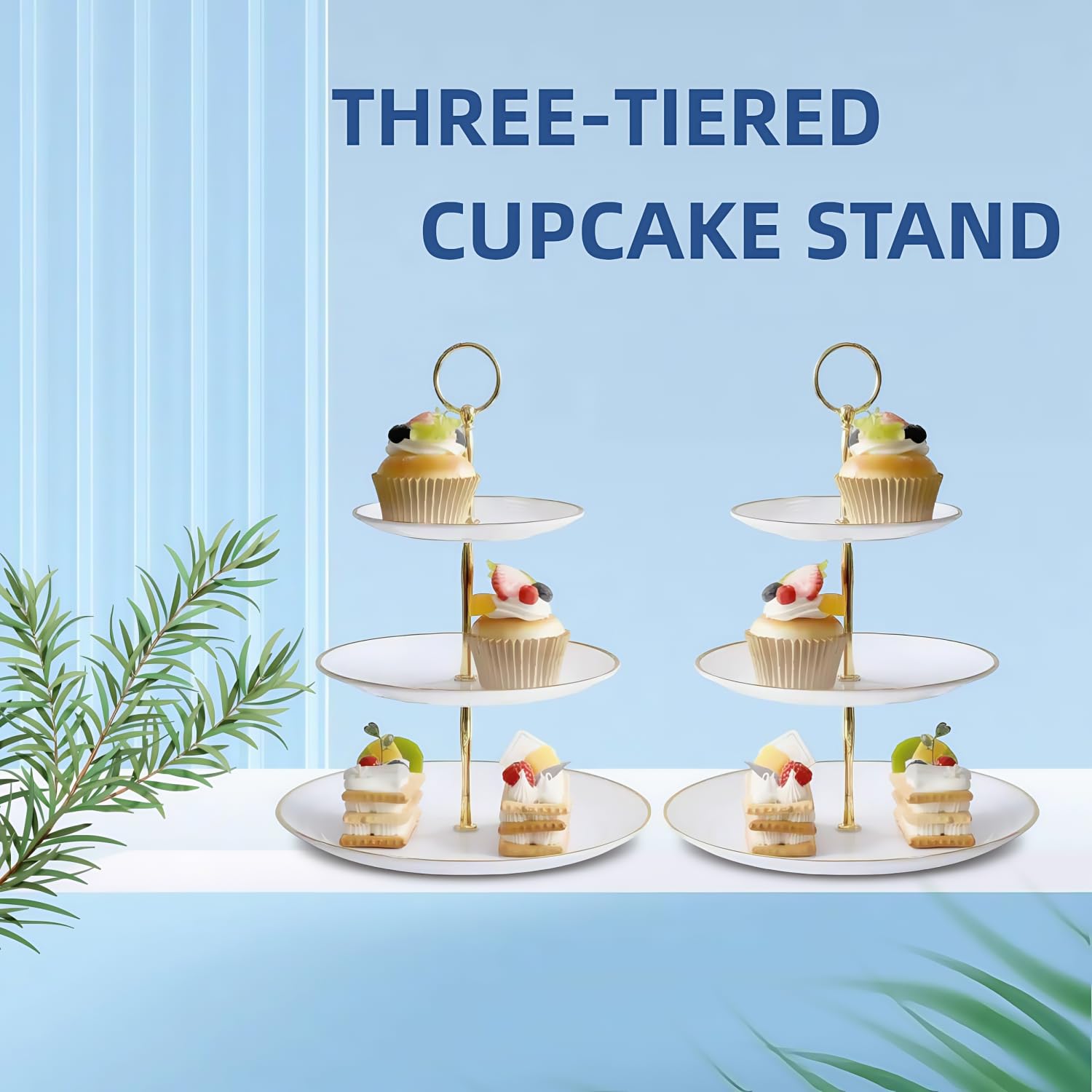3-Tier Plastic Cupcake Stand for Weddings & Parties - Round White Dessert Stand with Gold Rim - Tiered Serving Cake Display for Pastries, Cakes & Treats (2-Pack) - Perfect for Birthday Parties, Baby Showers & Bridal Events
