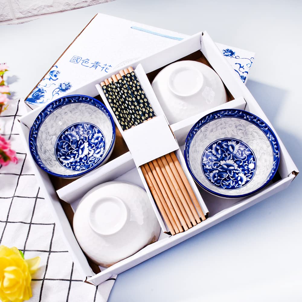 Blue and White Porcelain Chinese Bowl and Chopsticks Set of 4 - Rice, Soup, Sushi, Cereal Bowls with Delicate Gift Box | Elegant Tableware for Asian Dining, Home Decor, and Party Serving