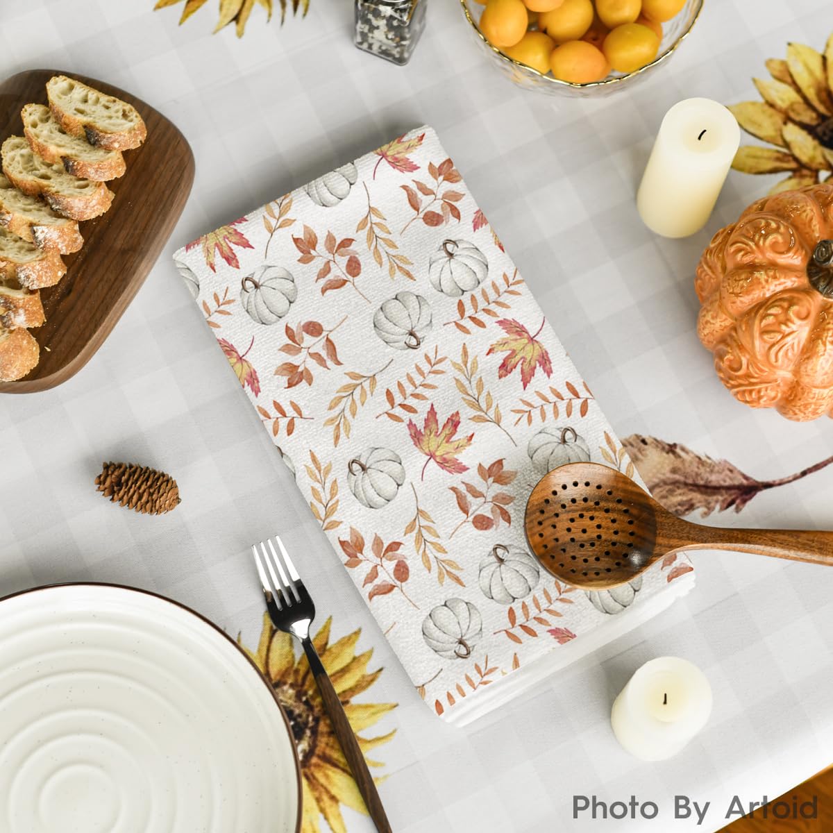 Farmhouse Orange Leaves Pumpkin Fall Kitchen Towels - Set of 2 Absorbent 18x26 Inch Dish Towels for Autumn Decor & Thanksgiving Hostess Gifts | Perfect for Seasonal Table Setting, Cozy Farmhouse Kitchen & Holiday Home Decor