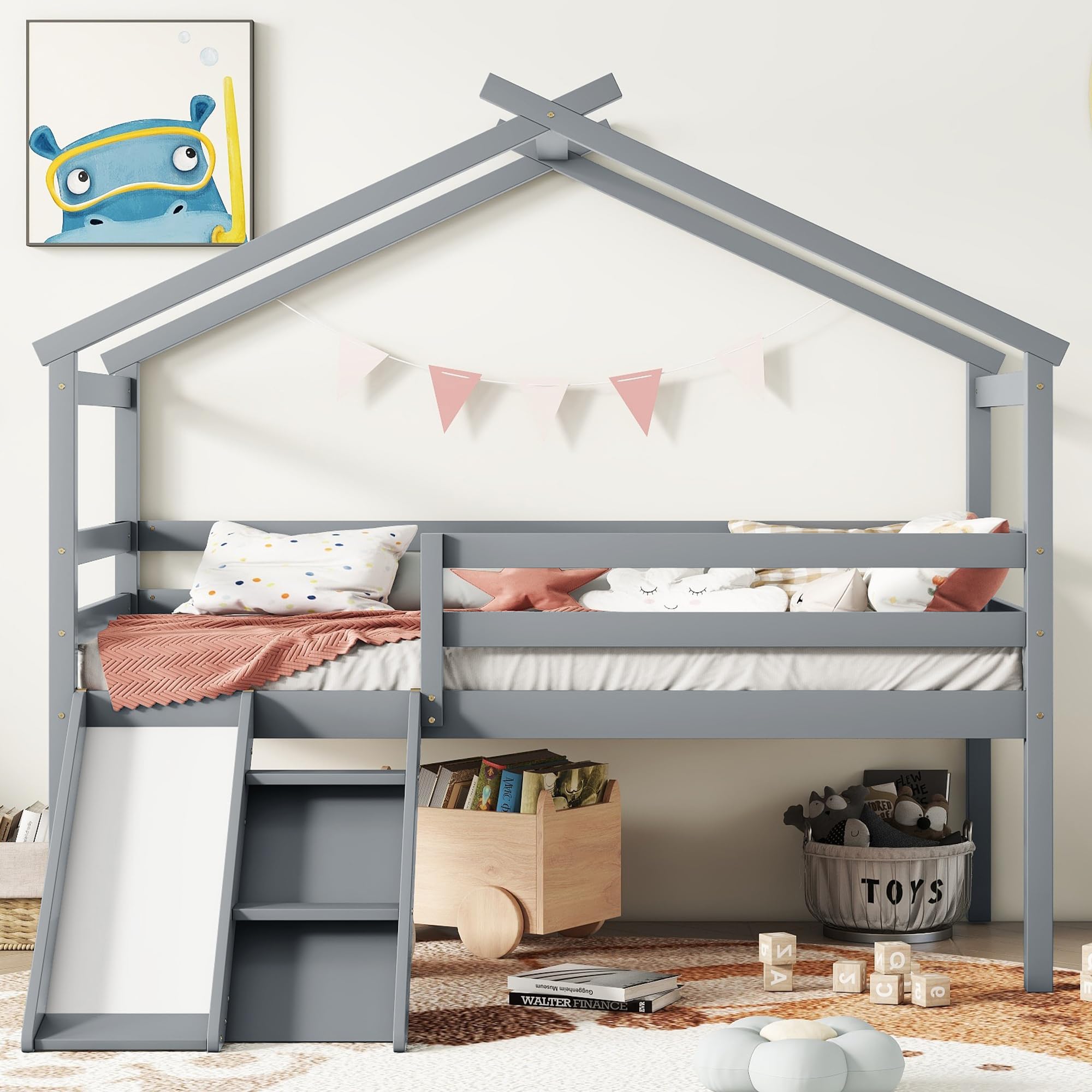 Bellemave Twin Size Low Loft Bed for Kids with Slide & Ladder - Solid Wood House Loft Bed with Safety Guardrails for Boys & Girls (Grey) - Perfect for Small Bedrooms, Playrooms & Kids' Spaces