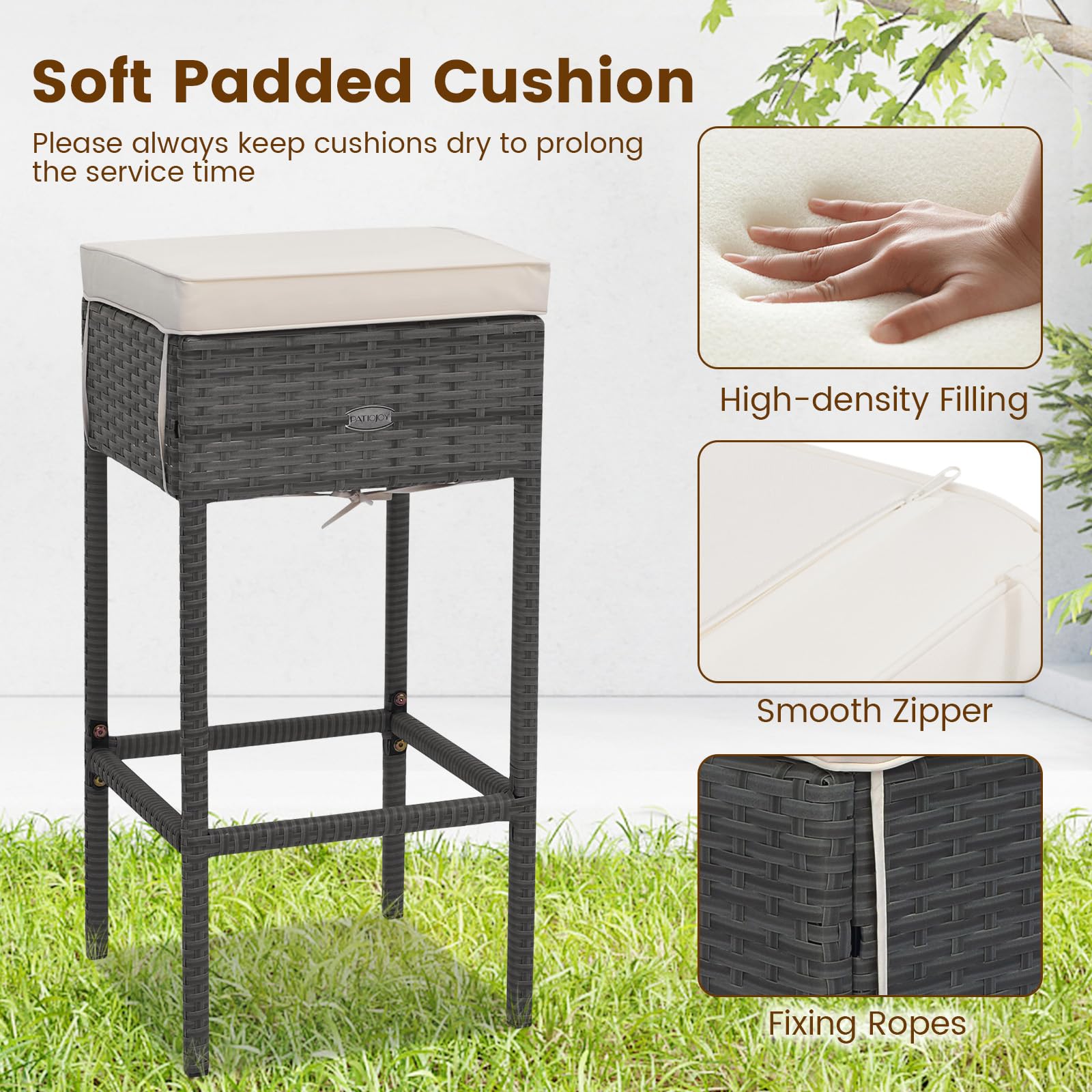 Outdoor Rattan Bar Set with 4 Stools - 5-Piece Patio Wicker Bar Table & Chairs, Heavy-Duty Steel Frame & Included Cushions - Perfect for Backyard, Poolside, or Garden Entertaining