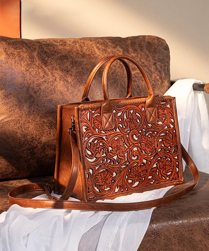 Trinity Ranch Floral Tooled Leather Tote Bag for Women - Western Style Handbag for Work, Travel & Shopping