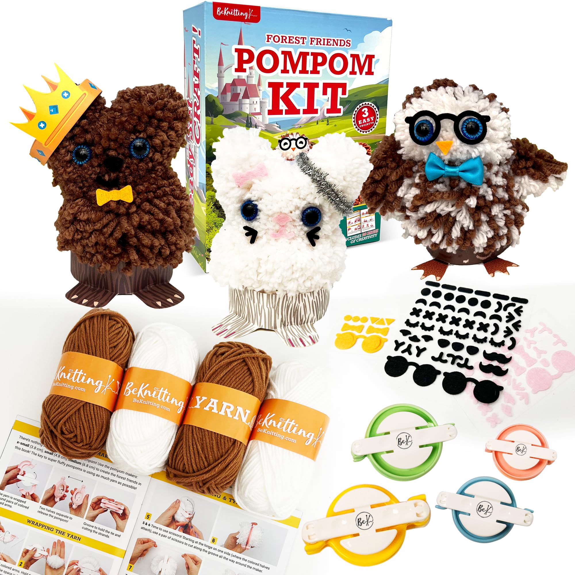 BeKnitting DIY Pompom Maker Craft Kit for Kids - Includes Yarn, Pompom Makers & Stickers | Fun Handmade Gift for Birthday, Christmas & School Art Projects