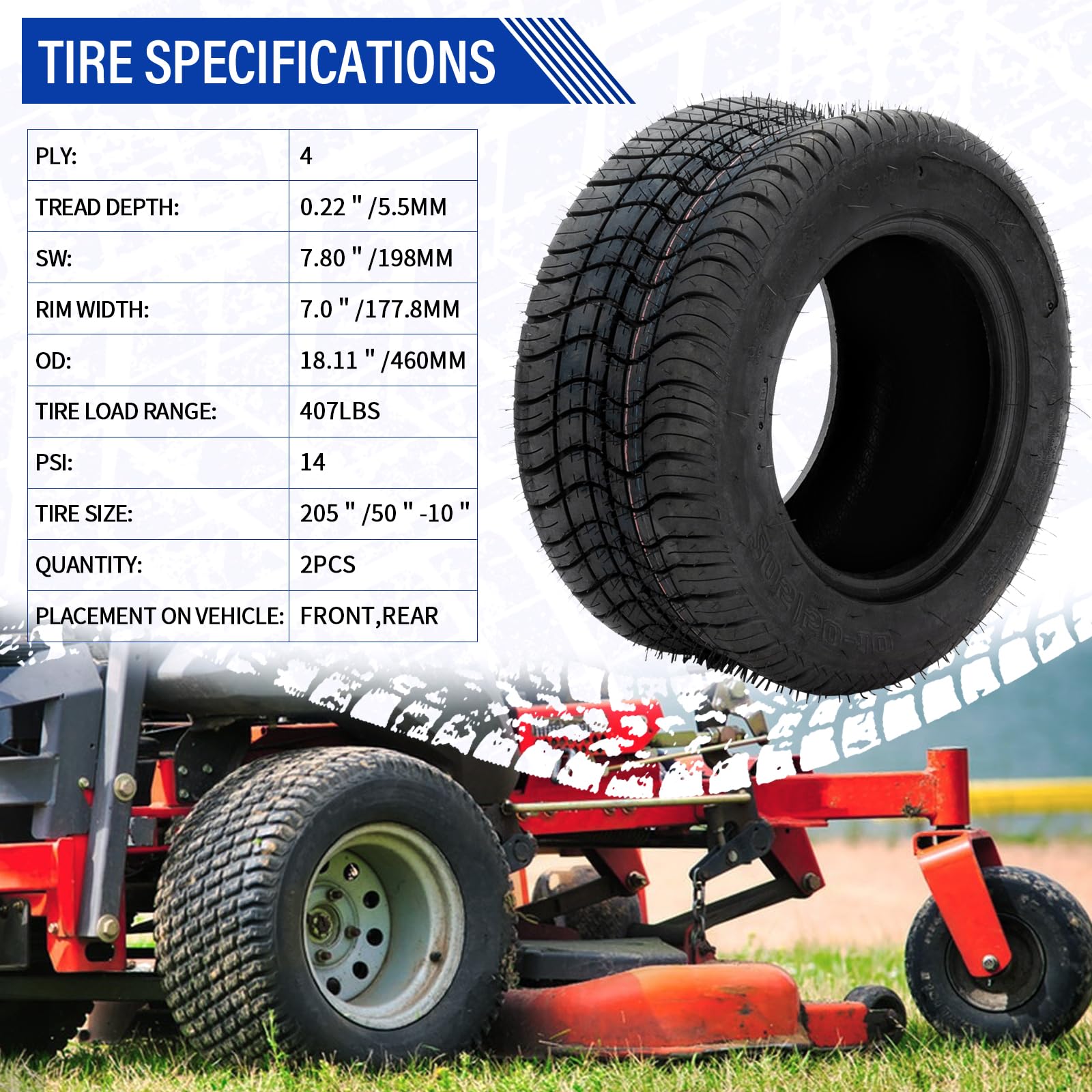 **AutoForever 205/50-10 Lawn Mower & Golf Cart Tires - 4 PLY Heavy Duty Turf Tires (Set of 2) - Perfect for Lawn Tractors, Garden Equipment & Utility Vehicles**