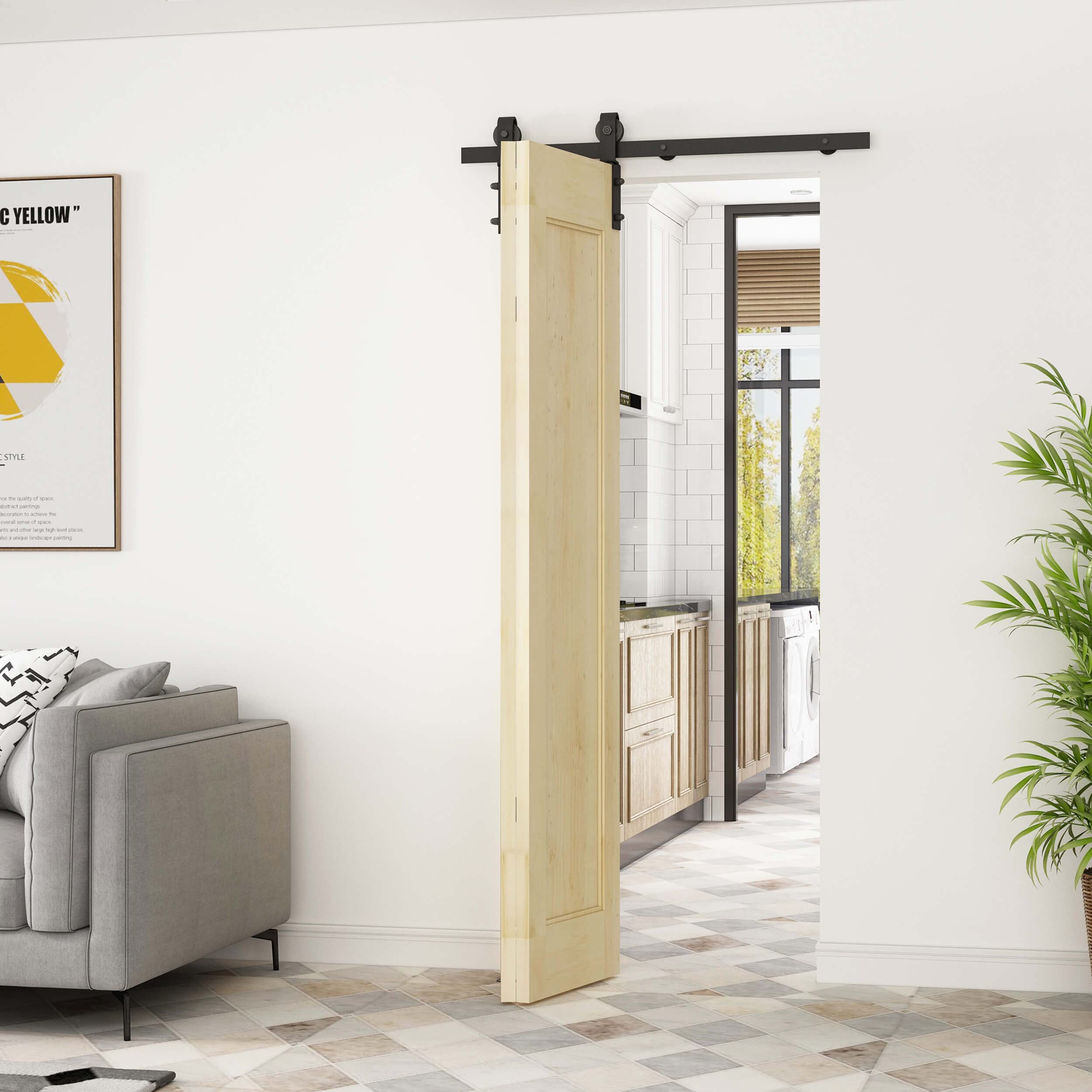 JUBEST 36 Inch Heavy Duty Bi-Folding Barn Door Hardware Track Kit - Side Mount Black Roller System for Double Doors - Perfect for Farmhouse, Loft & Industrial Style Homes