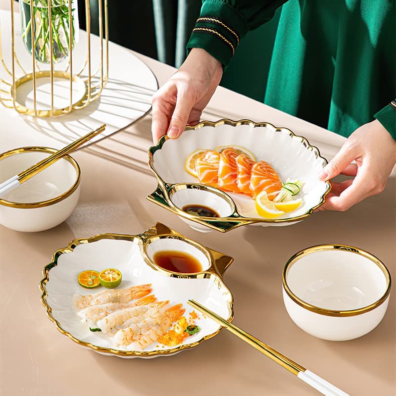 Eco-Friendly Gold Rim Ceramic Dinner Plate Set - 10.5 Inch Shell Design for Breakfast, Snacks, Dumplings, Salad, Noodles & Soup - Includes Chopsticks - Perfect for Home Dining, Restaurants & Parties (White)